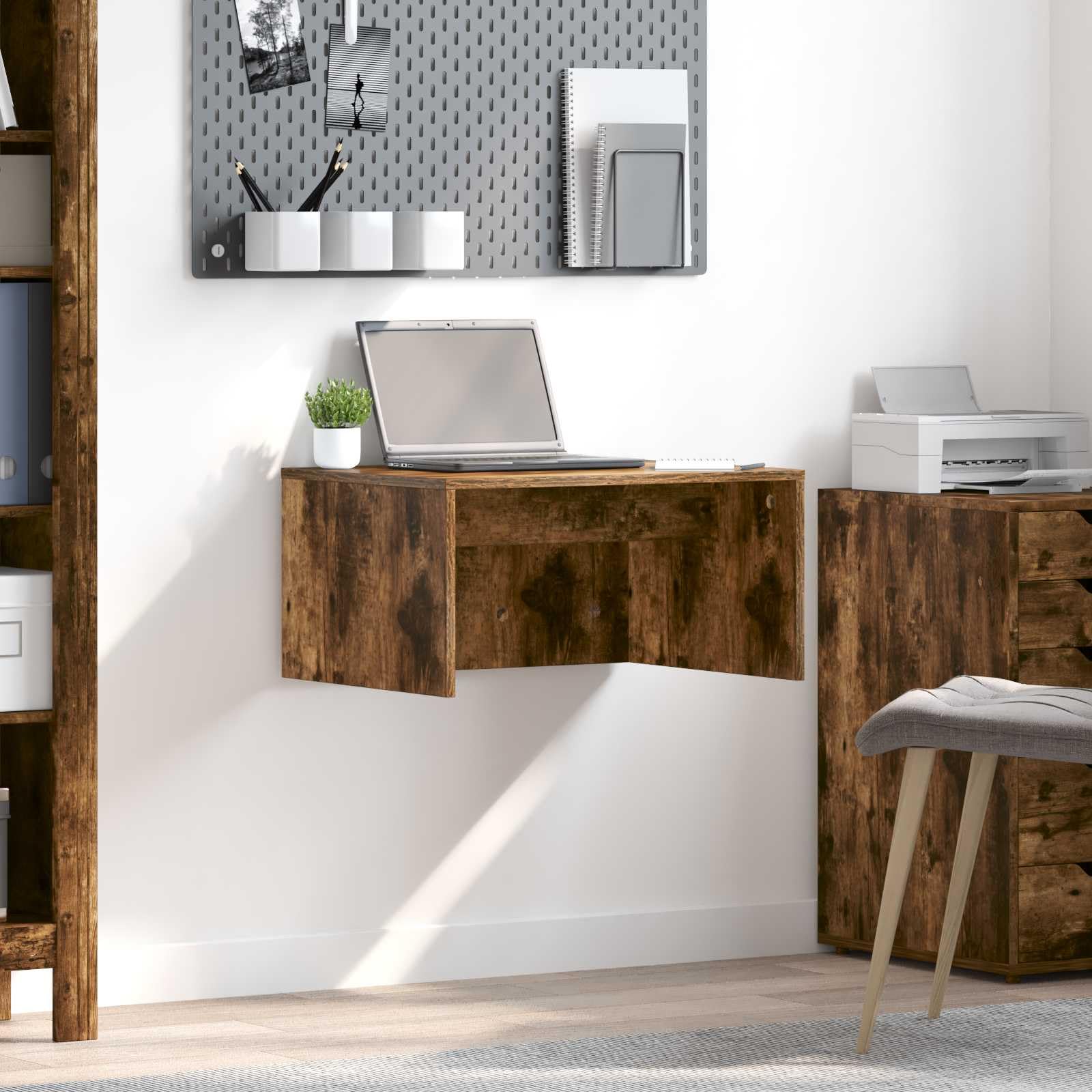 Bureau mural gain de place avec rangements intégrés chêne fumé