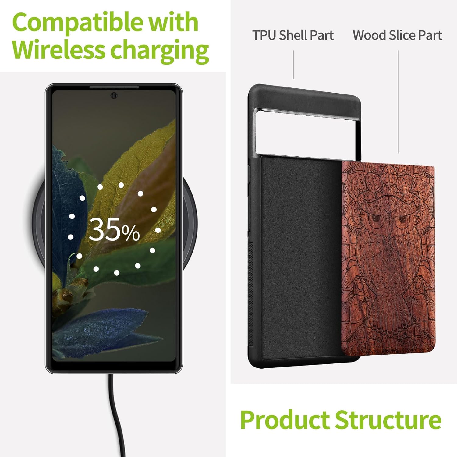 Carveit Wood Case for Pixel 7 Pro Case [Natural Wood & Black Soft TPU] Shockproof Protective Unique Wooden Cover Compatible with Google Pixel 7 Pro (The Owl Tapestry-Rosy)