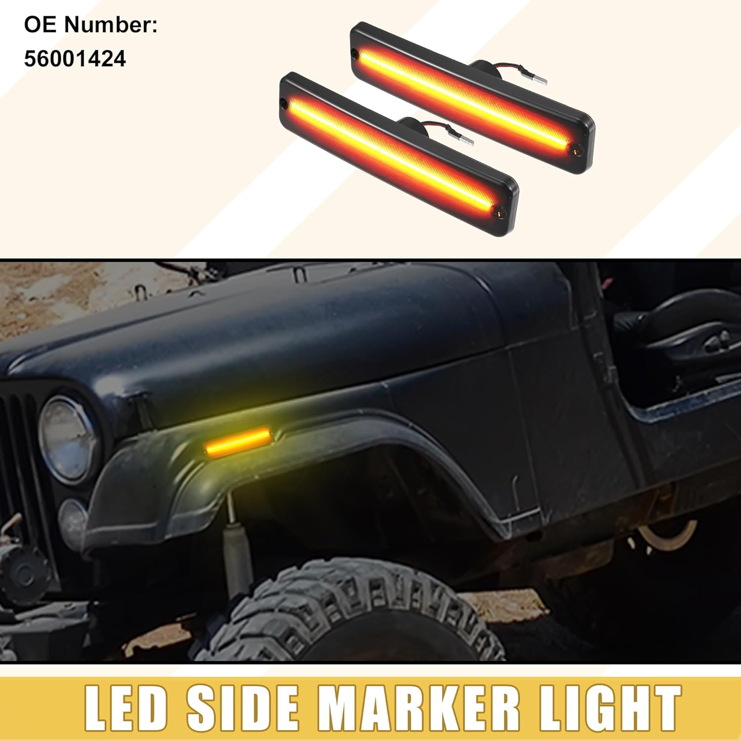 LED Side Marker Light 56001424 Front Driver Passenger Turn Signal Lights Fender Sidemarker Lamps for Jeep Wrangler YJ Black Lens Amber Light 1 Pair