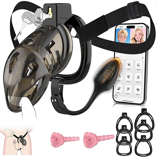 Jaula de castidad masculina Jaula de pene suave y ligera con 6 tamaños de anillos, correa negra, vibrador controlado por aplicación, cómodo