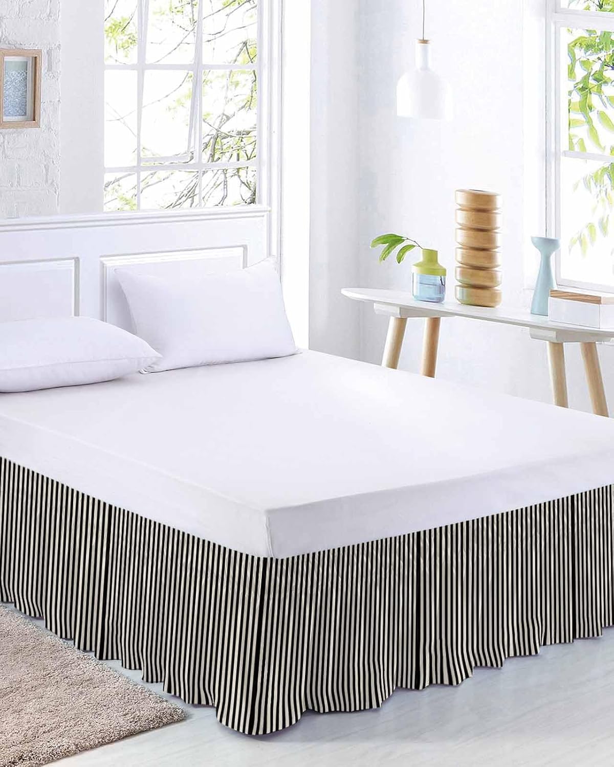 Black Striped Bed Skirt Queen Size 16 Inch Drop, Modern Simple Farmhouse Beige Vintage Adjustable & Elastic Wrap Around Bed Skirts Pleated Luxury Dust Ruffles for Twin Full Queen Cal King Base Bed