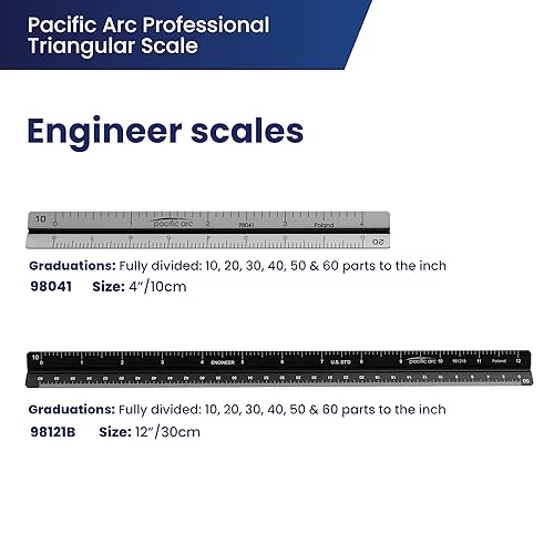 Miniatura 3 de Pacific Arc Regla de escala económica de ingeniería, dividida por 10, 20, 30, 40, 50, 60 grados a escala de partes, 12 pulgadas, amarillo, fabricado