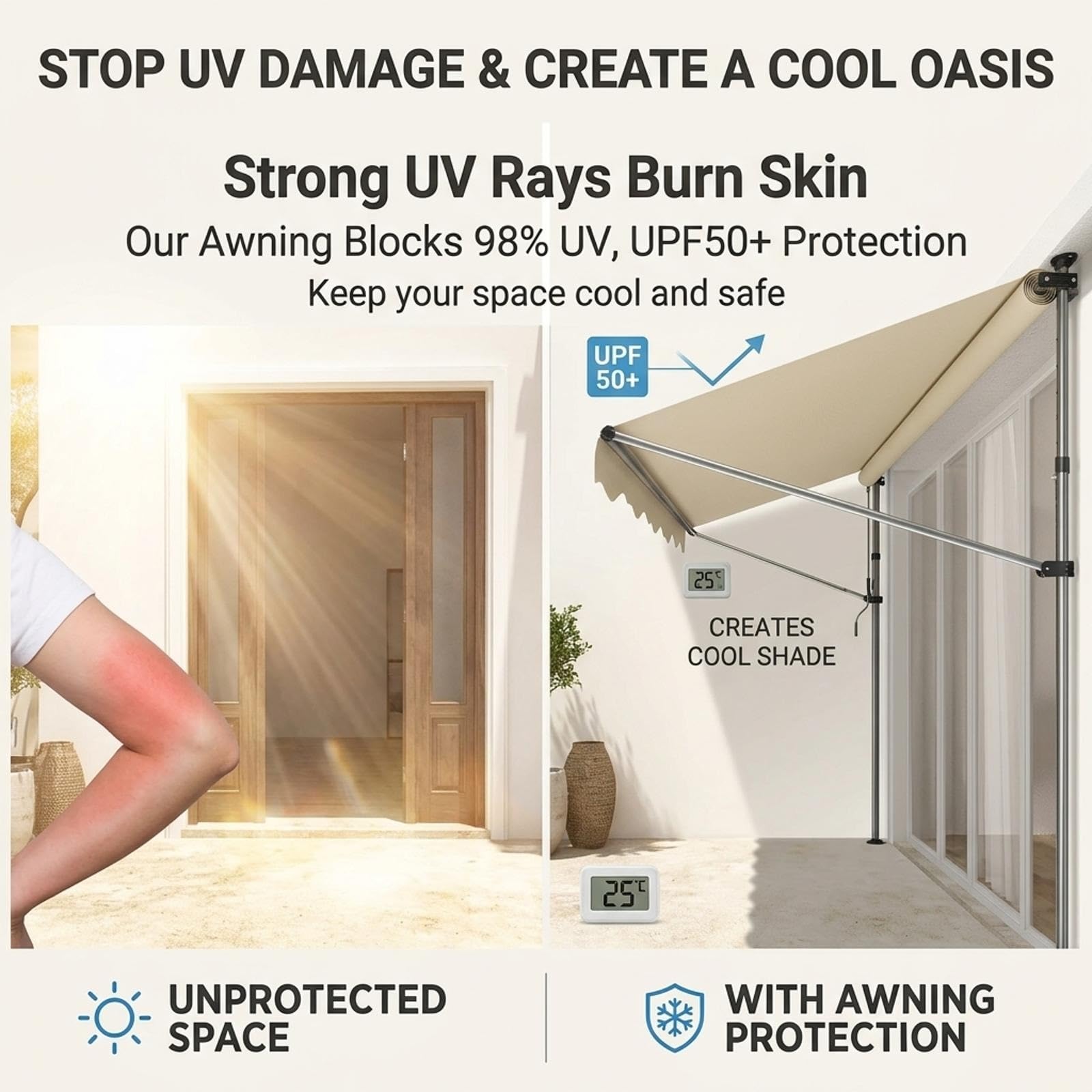 Auvent de patio rétractable autoportant à manivelle avec poteau de support. | Auvent pare-soleil imperméable à hauteur réglable, tissu de remplacement for patio d'entrée.(White pole ClrC,350cm/11.5ft)