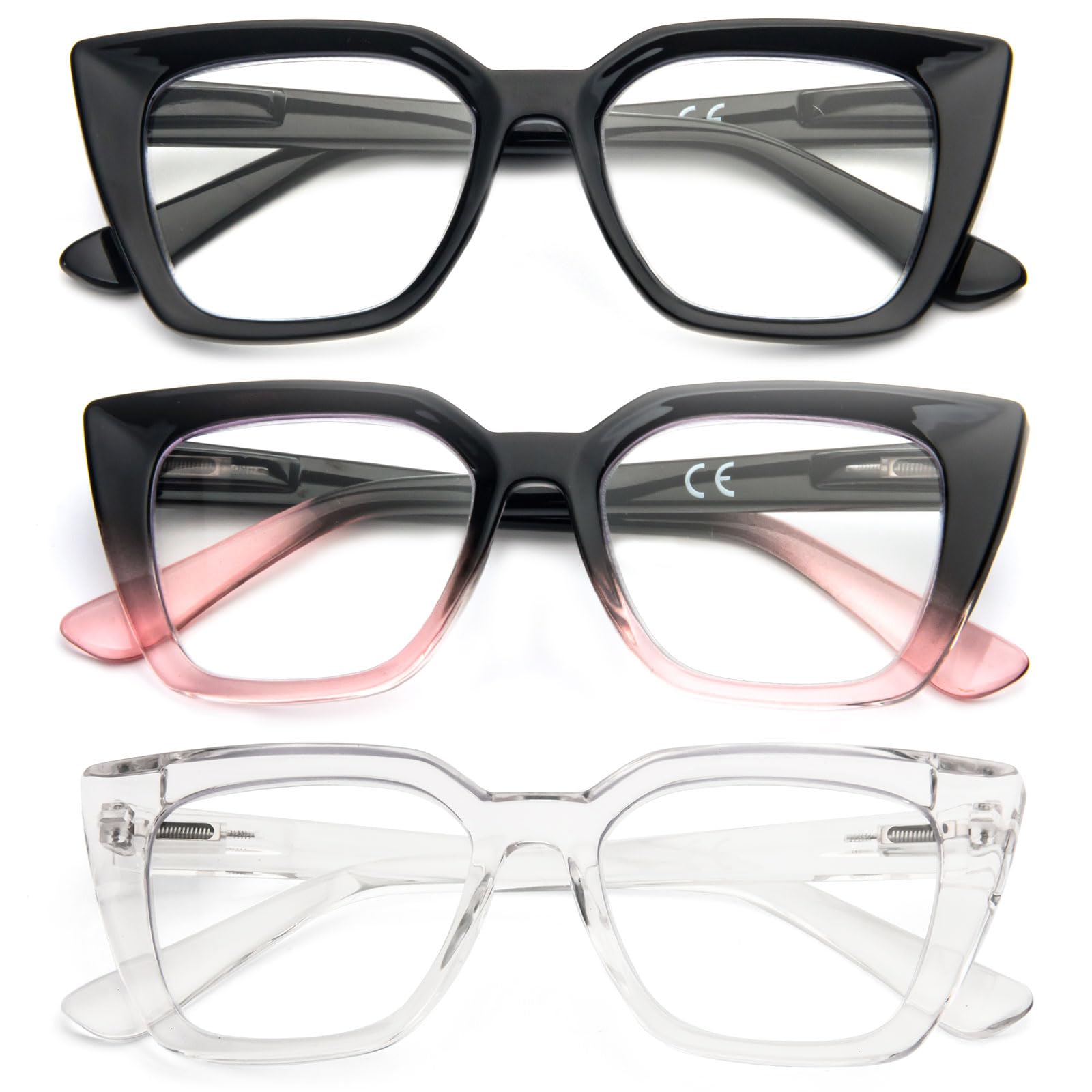 Kodilin 3 Pack Occhiali da lettura donna Oversized Square Anti Luce Blue Computer Lettori Uomo con cerniera a molla (+1.5, nero rosa trasparente)
