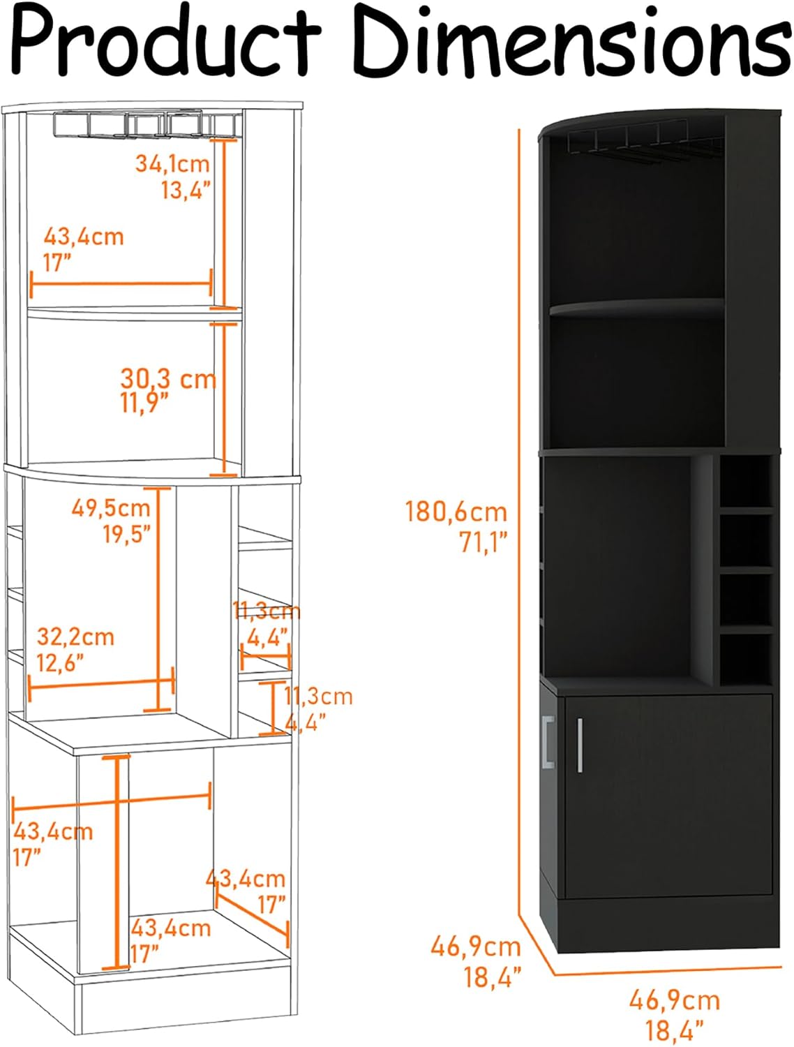 71 Inch Corner Wine Cabinet for Dining Room, Tall Corner Bar Cabinet for Liquor, Kitchen Corners Storage Cabinet with Doors, Farmhouse Corners Cabinet with Wine Rack for Living Room (Black)