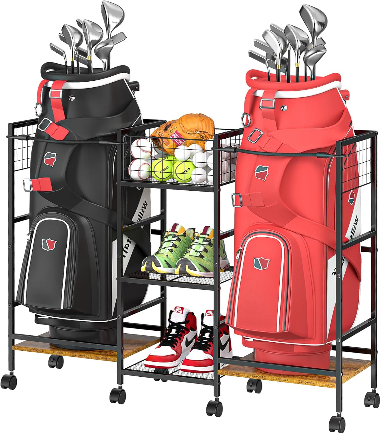 Golf Bag Storage Rack for Garage with Wheels, Organizer for Golf Bag and Equipment Accessories, Golf Organizer Stand Ideal for Home, Garage, Club, Shed, Basement - Sturdy and Durable (Black) 2 bags double-sided