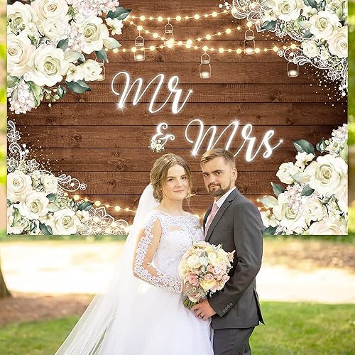 Miniatura 2 de MEHOFOND Decoraciones de compromiso de Mr & Mrs con estampado floral blanco de 8 x 6 pies, telón de fondo de madera para parejas, boda, novia,
