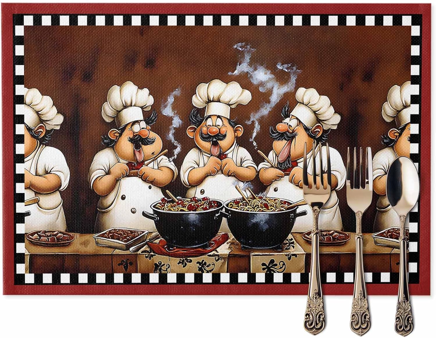 Funny Chefs Placemats Set of 6, Cooking Scene Non-Skid Place Mats, Holiday Table Mats, Washable Stain-Resistance Tablemats for Party/Dining Room/Kitchen Decorations