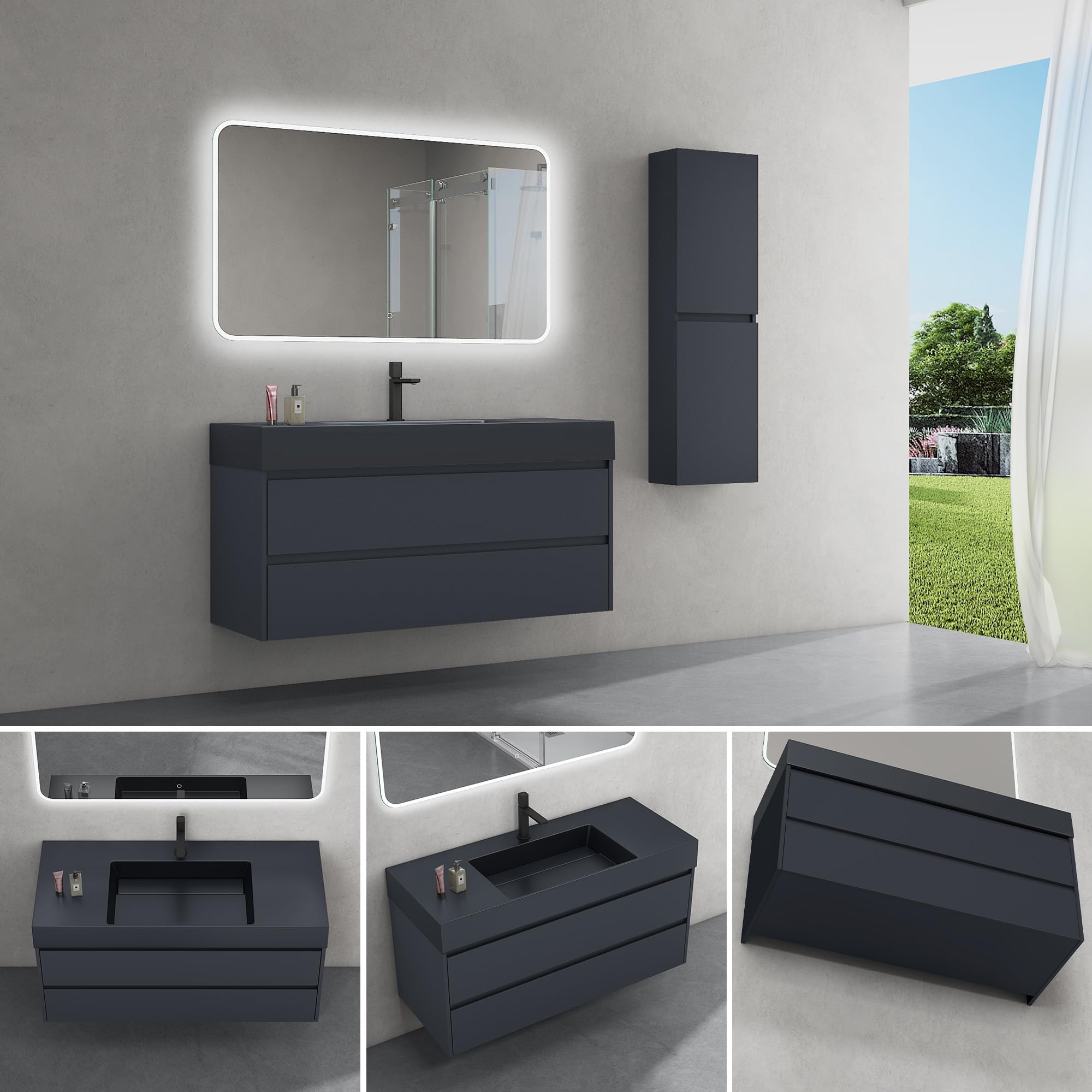 doporro Mobile Bagno Sospeso Mobiletto Sottolavabo da 120 cm Bianco Opaco con Lavabo Integrato | Set Mobile Include Lavandino Antracite in Marmoresina e 2 Cassetti Soft Close Serie Deep