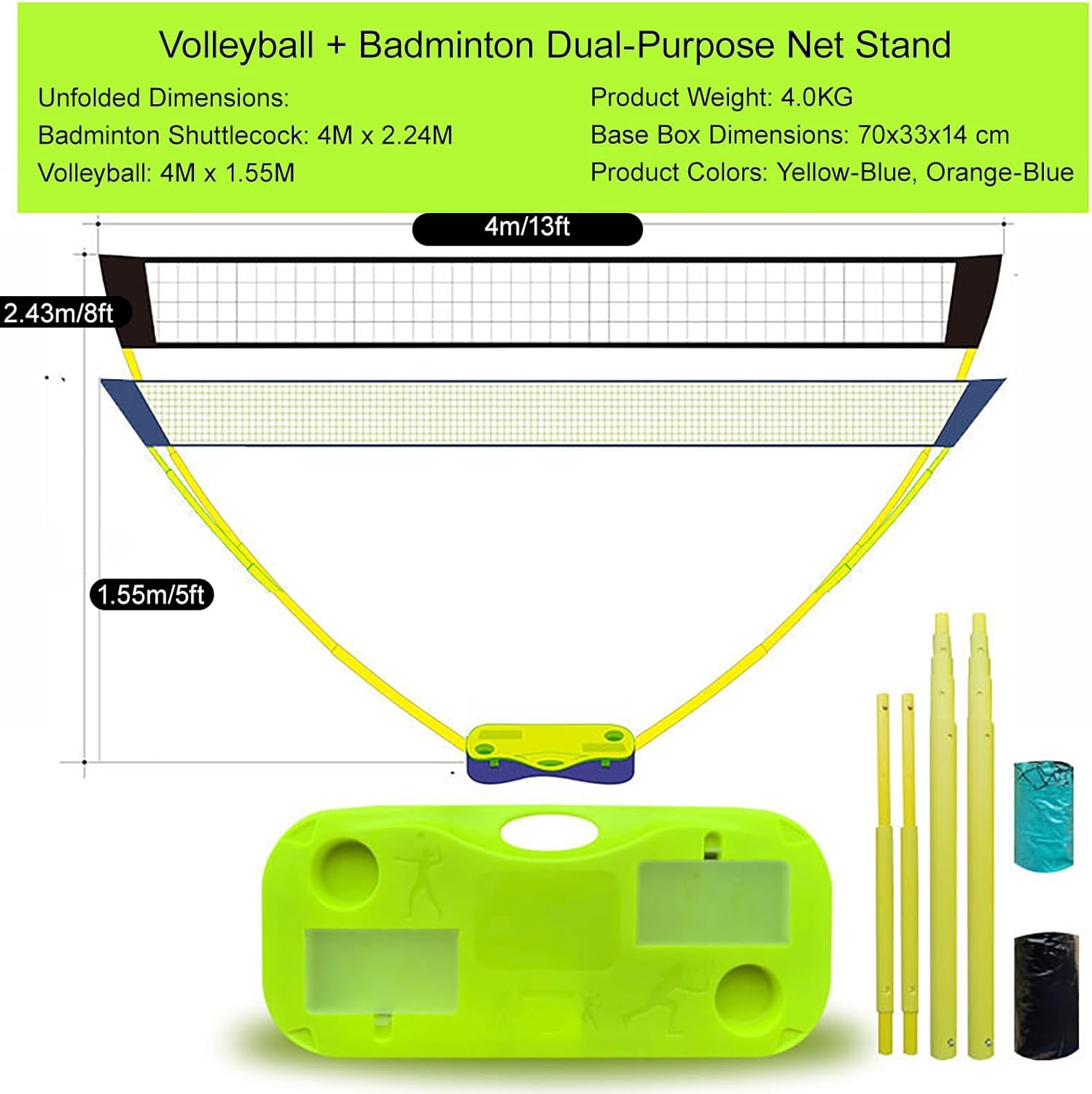 Portable Badminton Volleyball Net Set 2 in1, Volleyball Net Stand with Base, Outdoor Volleybal Net Training Stands, for Kids, Adults,Outdoor & Indoor