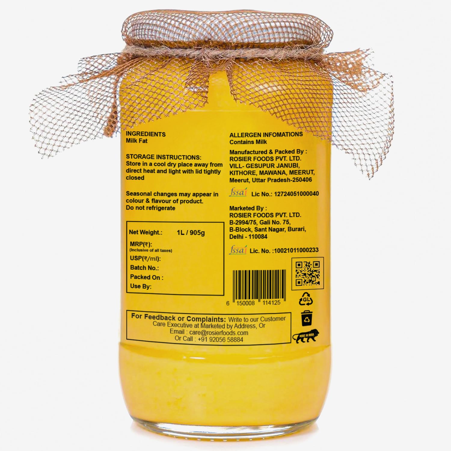 ROSIER A2 Vedic Cow Ghee, Traditional Bilona Method, Pure, Natural and Healthy Ghee (1 Litre)