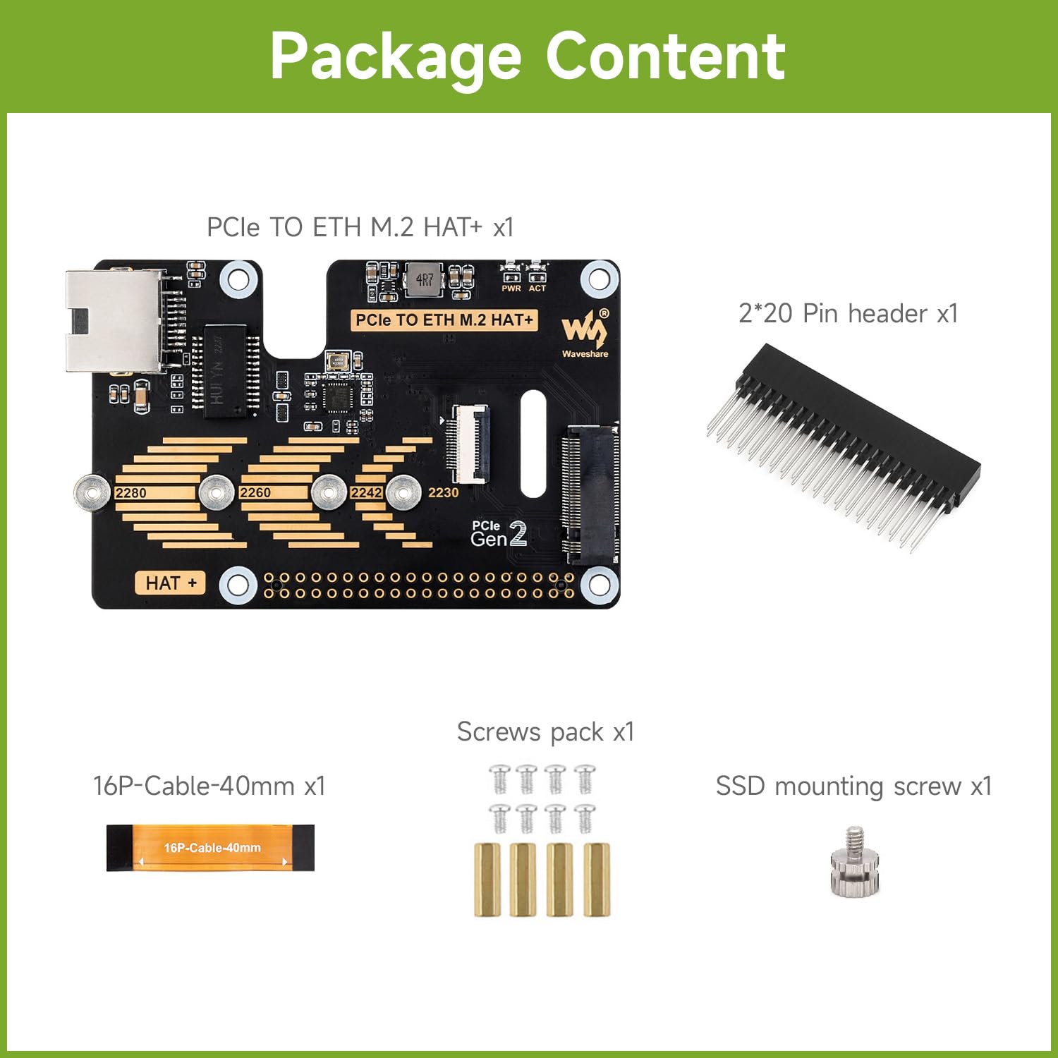Waveshare PCIe To ETH And M.2 Adapter For Raspberry Pi 5, Plug and Play, Compatible With 2280/2260 / 2242/2230 Size NVMe Protocol M2SSD, 5Gbps Data Rate, High-Speed Reading/Writing, Pi5 NVMe HAT