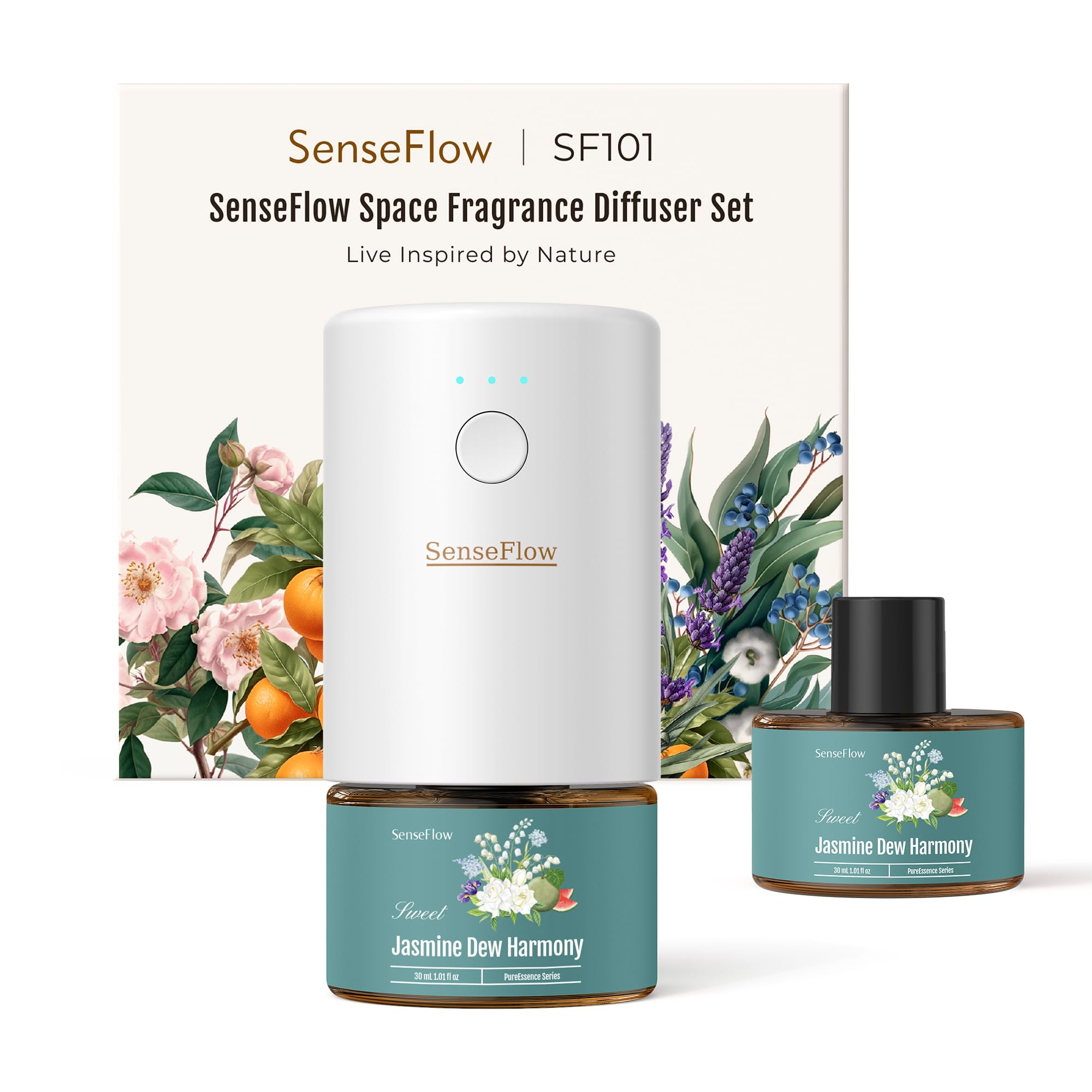 SenseFlow Aroma Diffuser for Essential Oils SF101 Pro, Waterless Ultrasonic Fragrance Plug Room Fragrance, 100% Vegetable Air Freshener, 120 Days Aroma for Home, Hotel up to 100 m² Jasmine Dew Harmony