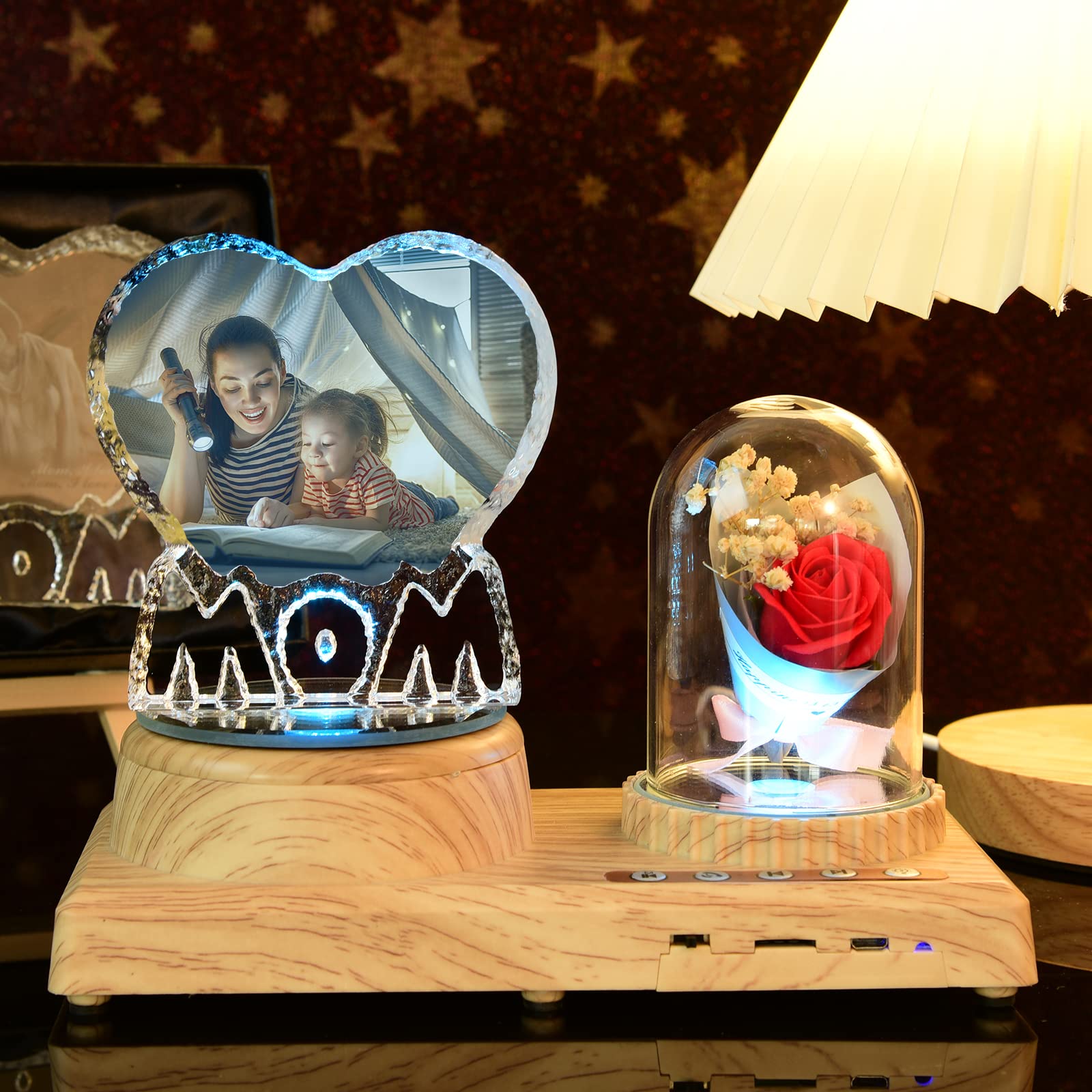 SHKINETARRY Personalized MOM Lamp MOM Gifts Custom Photo 3D Lamp LED Light Rose Flower Photo Night Light 7 Color Bluetooth Rotation Music Lights Gifts Mother Day Birthday Christmas Gifts