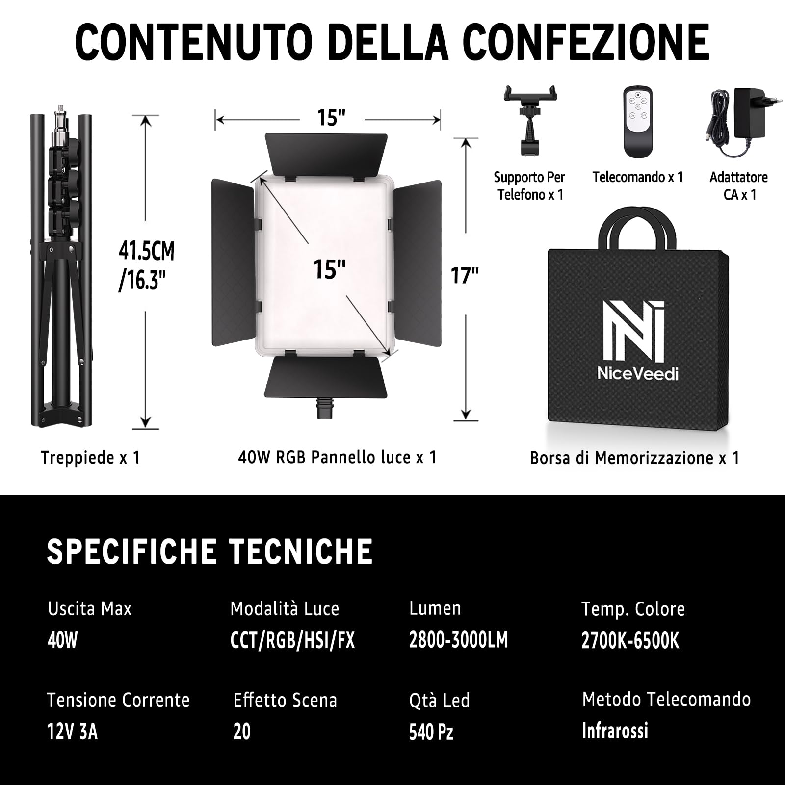 NiceVeedi Luce video RGB da 15 pollici, illuminazione da studio fotografico da 40 W con telecomando e supporto per telefono, 2700K-6500K dimmerabile LED Panel Light con 20 SCENES/RGB/CCT/HSI Modalità