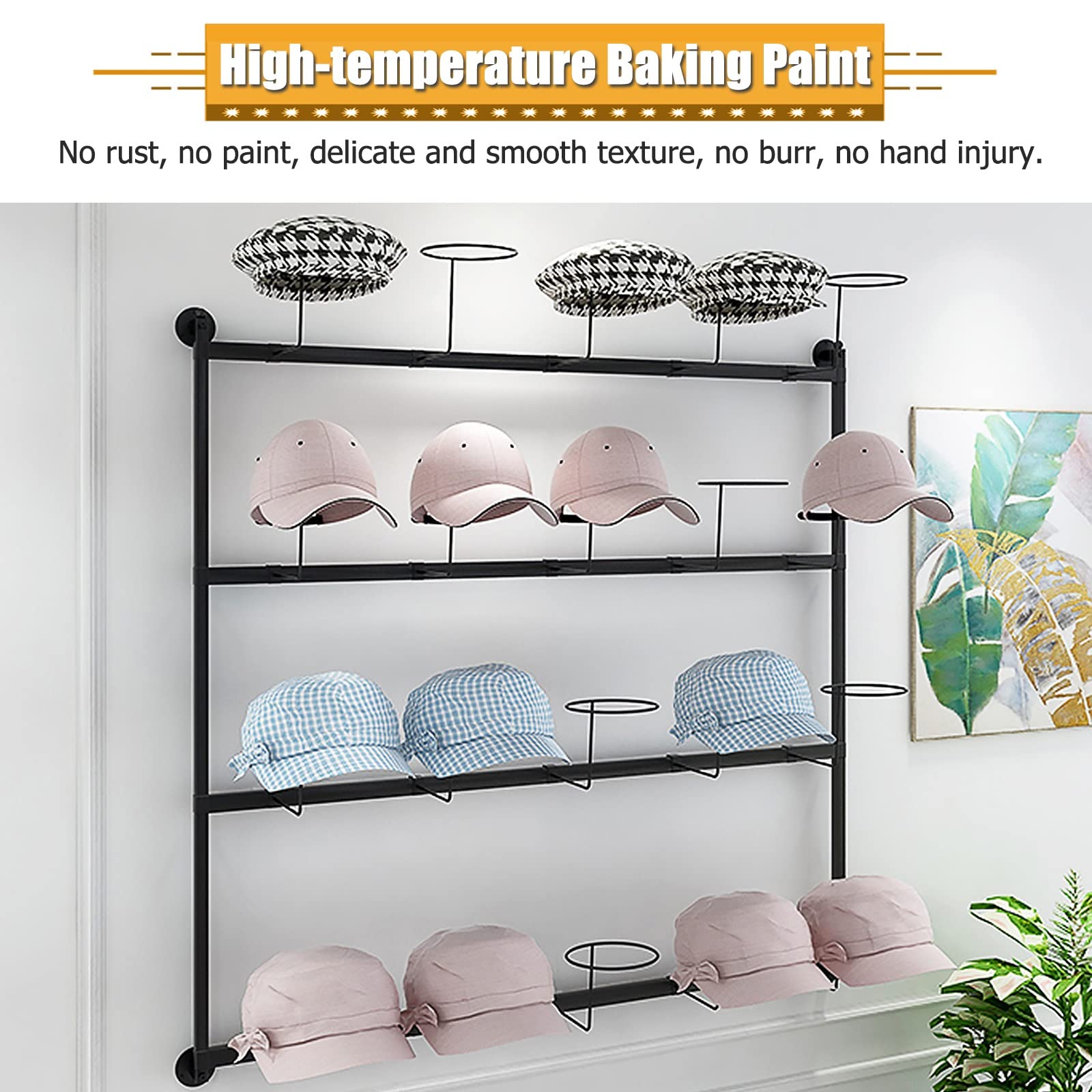 Perchero de pared metálico para gorras de béisbol, 4 niveles, para pelucas y gorras, con ganchos móviles, 100 cm de alto, negro, blanco y dorado, fácil de instalar (largo blanco), blanco, largo: 100