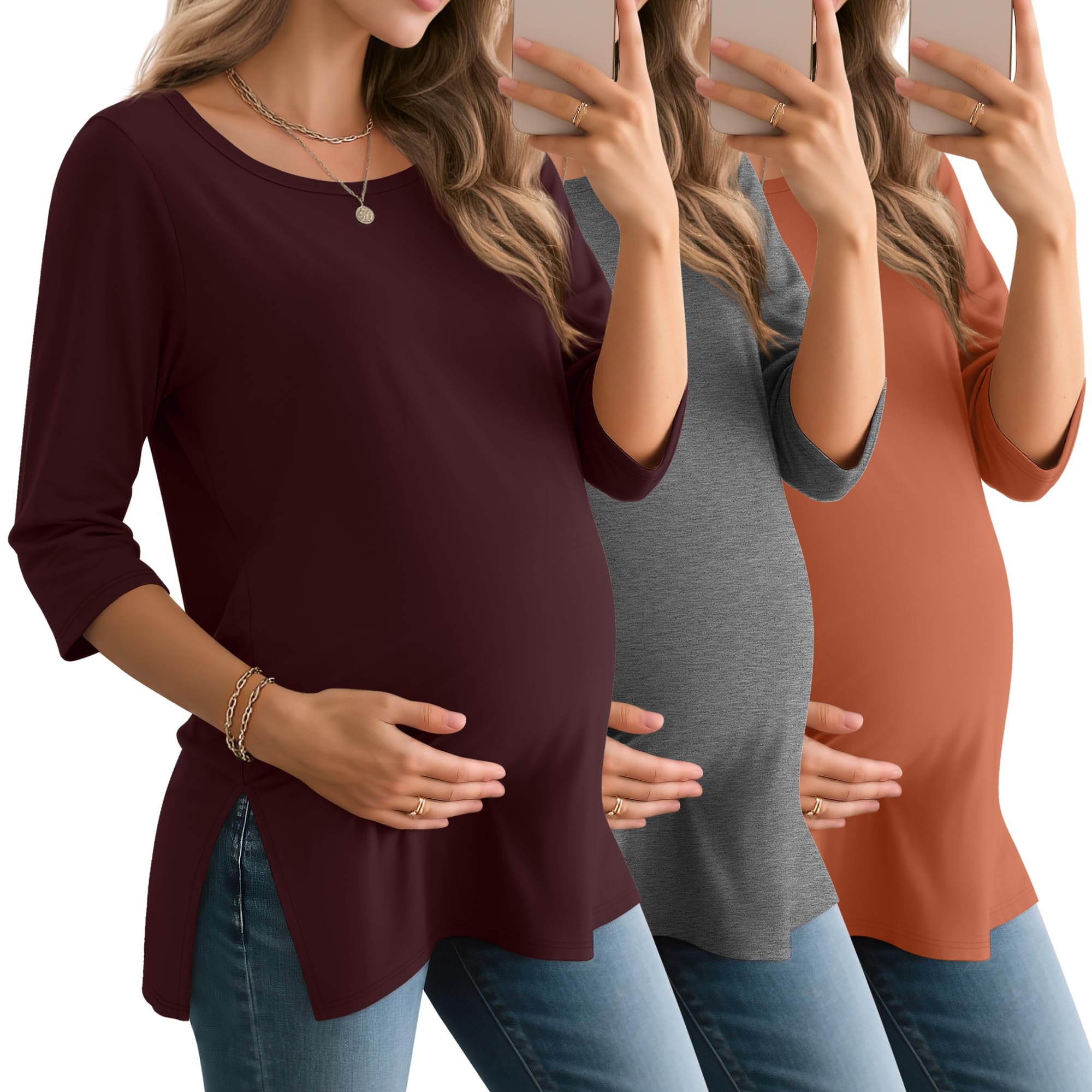 3 Pack Womens 3 4 Sleeve Maternity Shirts Elbow Length Clothes Round Neck Tunics Pregnancy Loose Side Split
