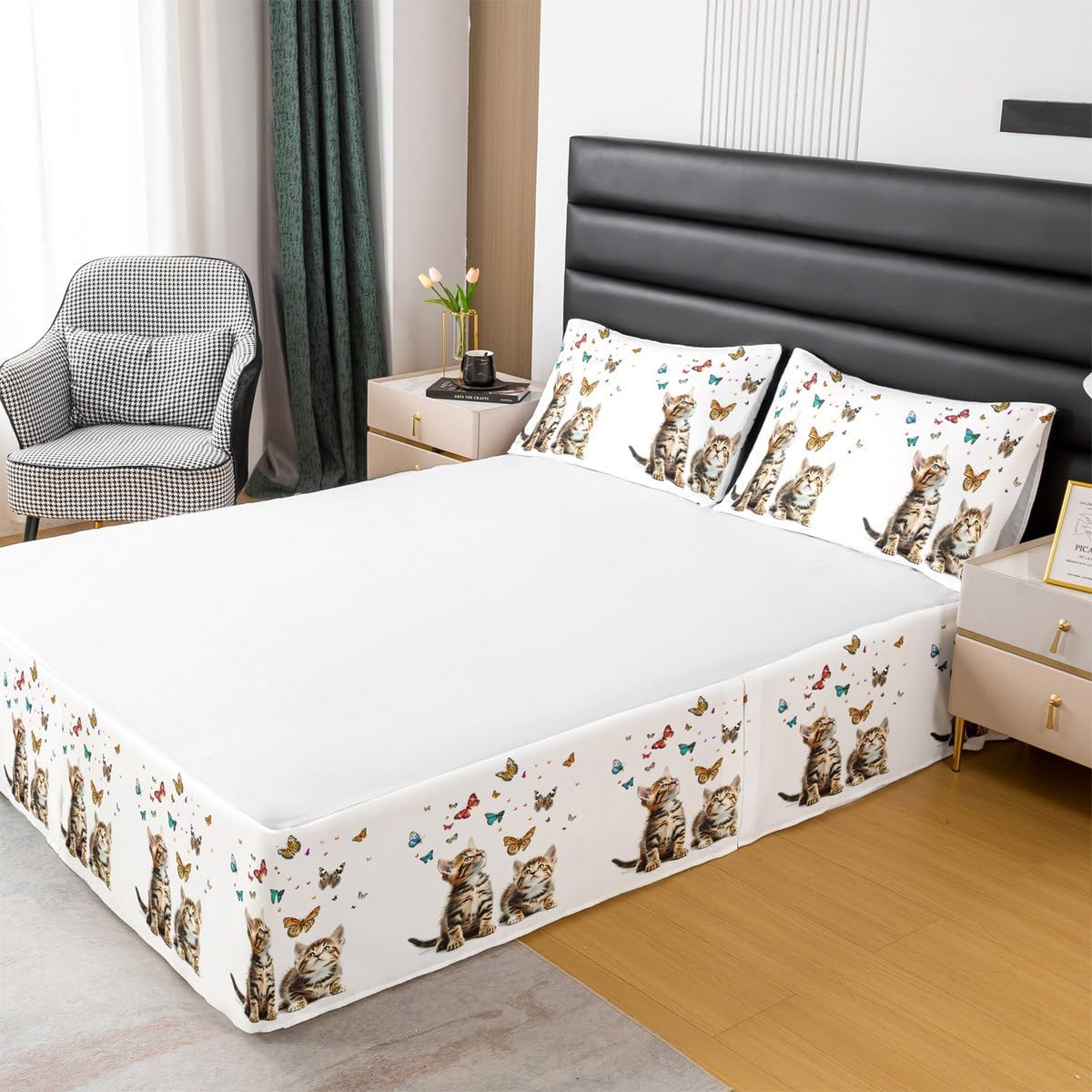 Feelyou Queen Size Cute Cat Bed Skirt Kids Girls Playing Cat Bedding Bed Skirts Butterfly Dust Ruffle Pleated Bedskirt Kawaii Animal Fitted Sheet 3Pcs
