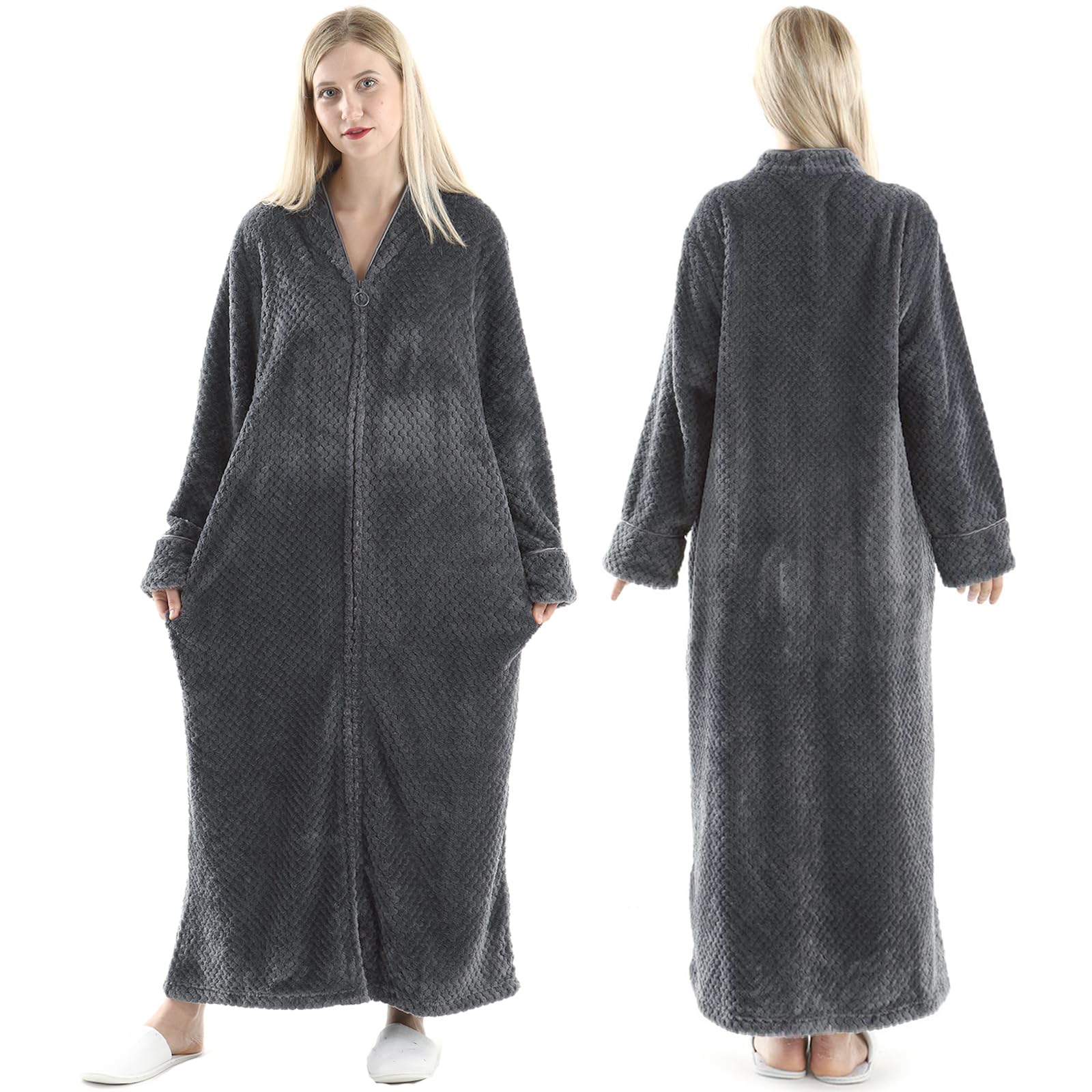 OksunWomens Fleece Warm Robe: Cozy Flannel Long Zipper Bathrobe - Plush Winter Housecoat Nightgown