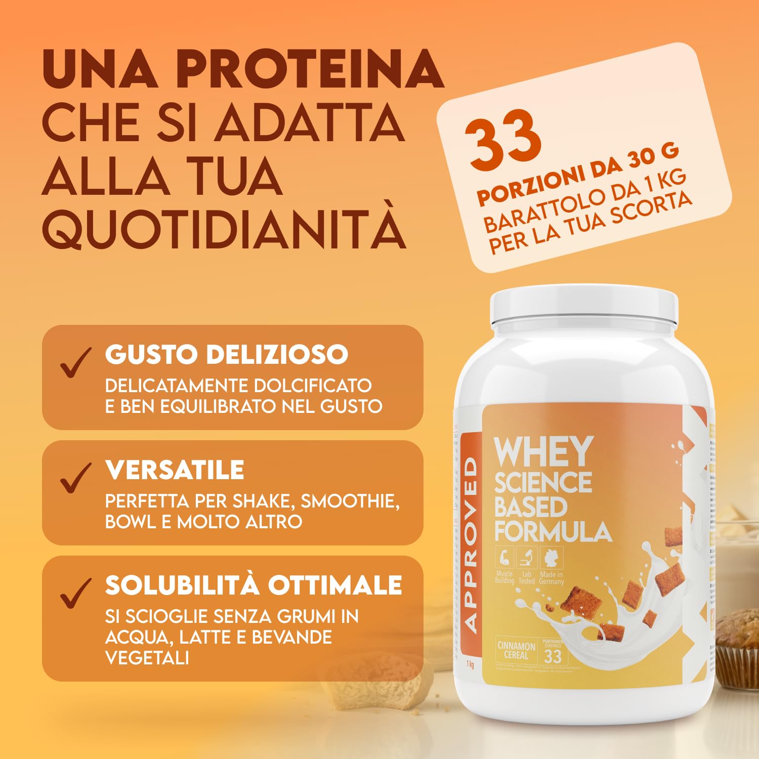 WFN Approved Whey Proteine in Polvere – Cinnamon Cereal – 1 kg – Con Lattasi – Proteine del Siero ad Alta Solubilità – Prodotto e Testato in Laboratorio in Germania
