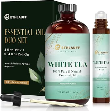 White Tea Diffuser Oil - White Tea Essential Oils for Diffuser Refill & Air Freshener Room Spray, Long-Lasting, Natural Home Fragrance and Scent for Diffusers4 fl.oz Bottle + 0.34 fl.oz Roll-On