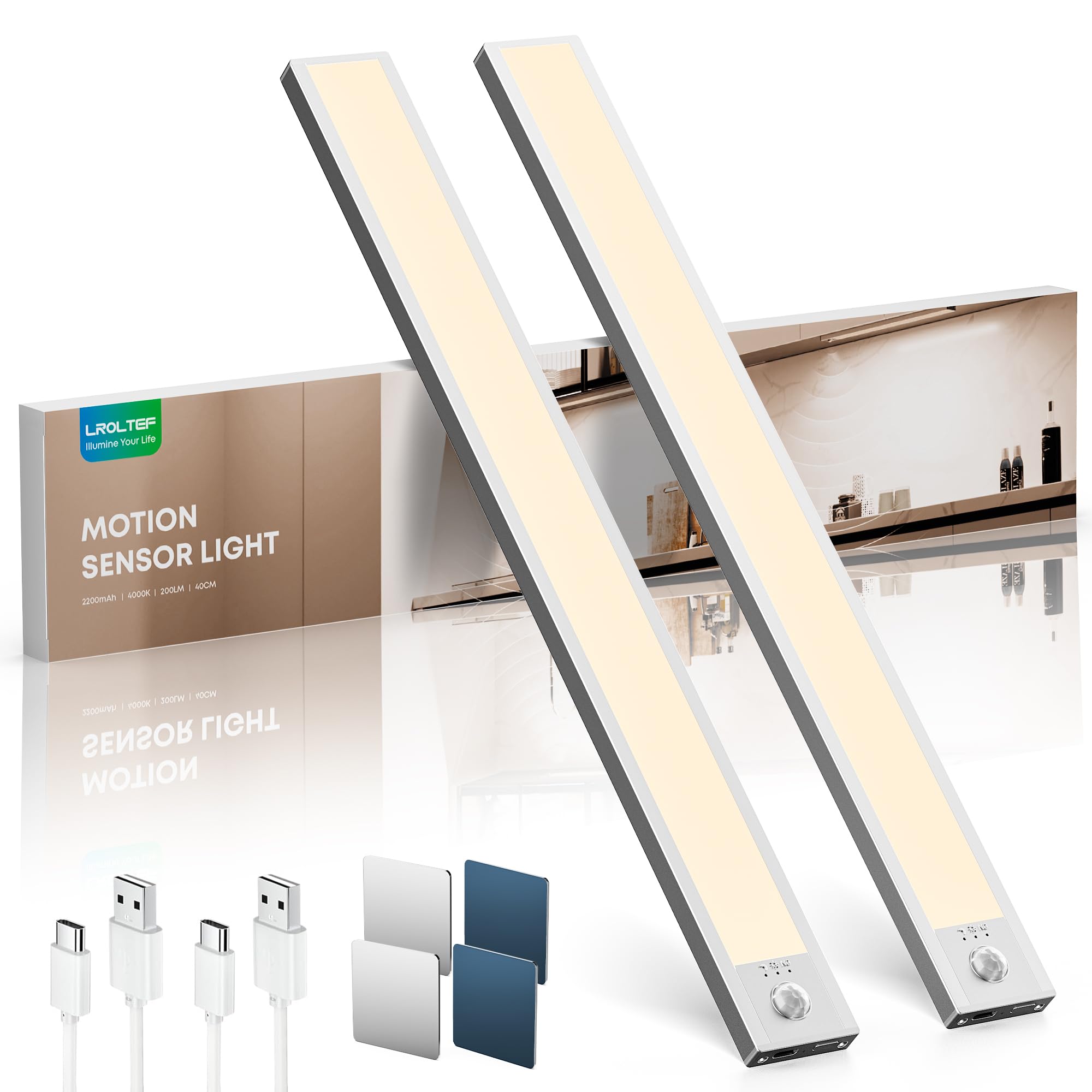 LROLTEF Luce LED Sottopensile Cucina - 40CM 4000K Luci con Sensore di Movimento - 2200mAh Luce Armadio Lampada Dimmerabile per Cucina Scale Soggiorno Camere da Letto | 2 Pezzi
