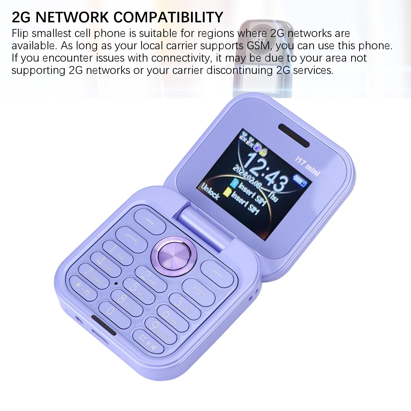 Bewinner El Teléfono Celular Más Pequeño con Tapa: Nano SIM Dual, Radio FM, Reproductor Multimedia 2G, Linterna LED, Cámara Trasera HD, Cordón para Personas Mayores (Violeta)