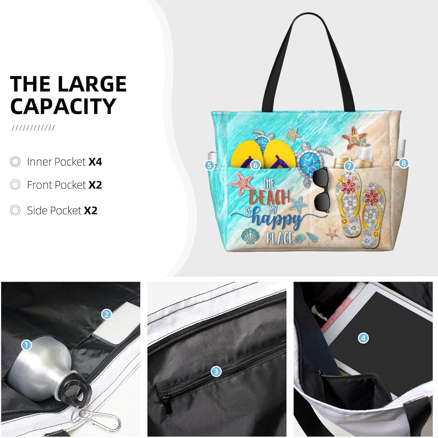 Beach Bag Tote Bags Waterproof Sandproof for Women Large Beach Tote Bag Foldable with Pockets for Weekend Vacation - Image 4