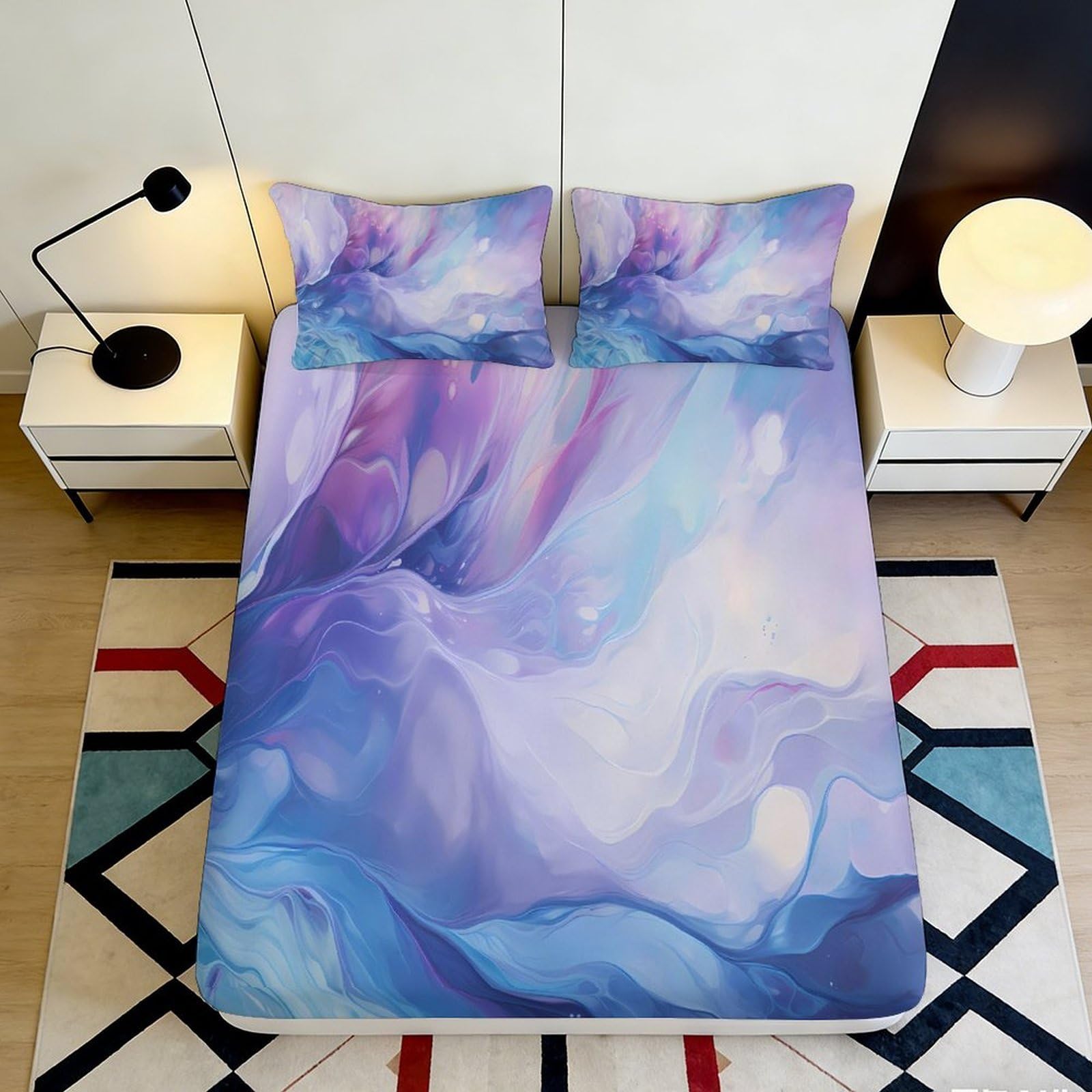 3D Printed Abstract Watercolor Fitted Sheet Microfiber Soft Purple Blue Art Mattress Cover for Bedroom Dorm Decor 160x200x25cm