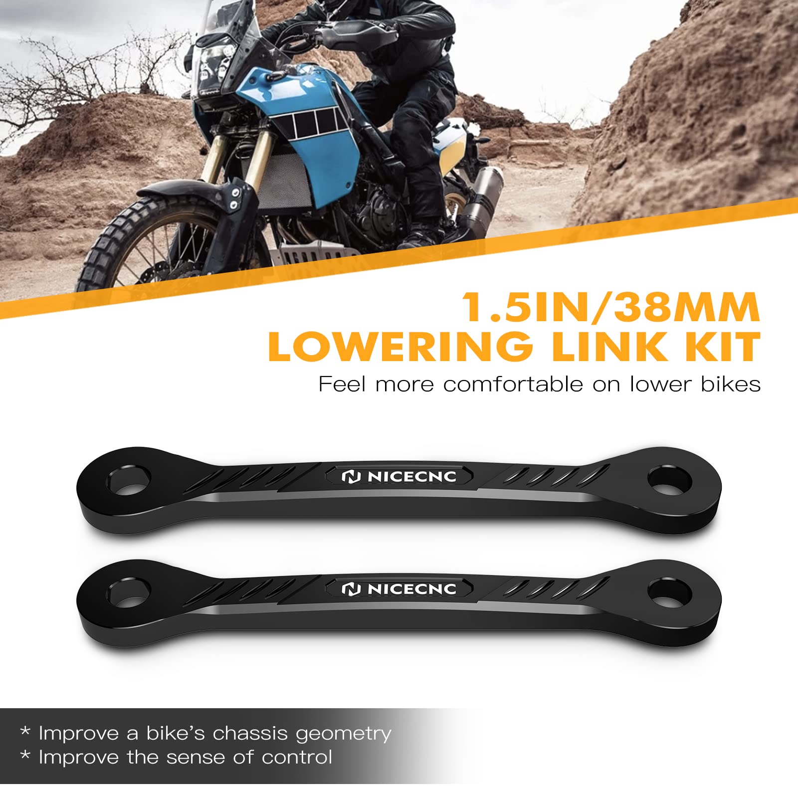 NICECNC Link di abbassamento nero in alluminio billet da 38 mm, Compatible with Yamaha Tenere 700/XTZ700 2019-2024, Tenere 700 Rally Edition 2020-2024