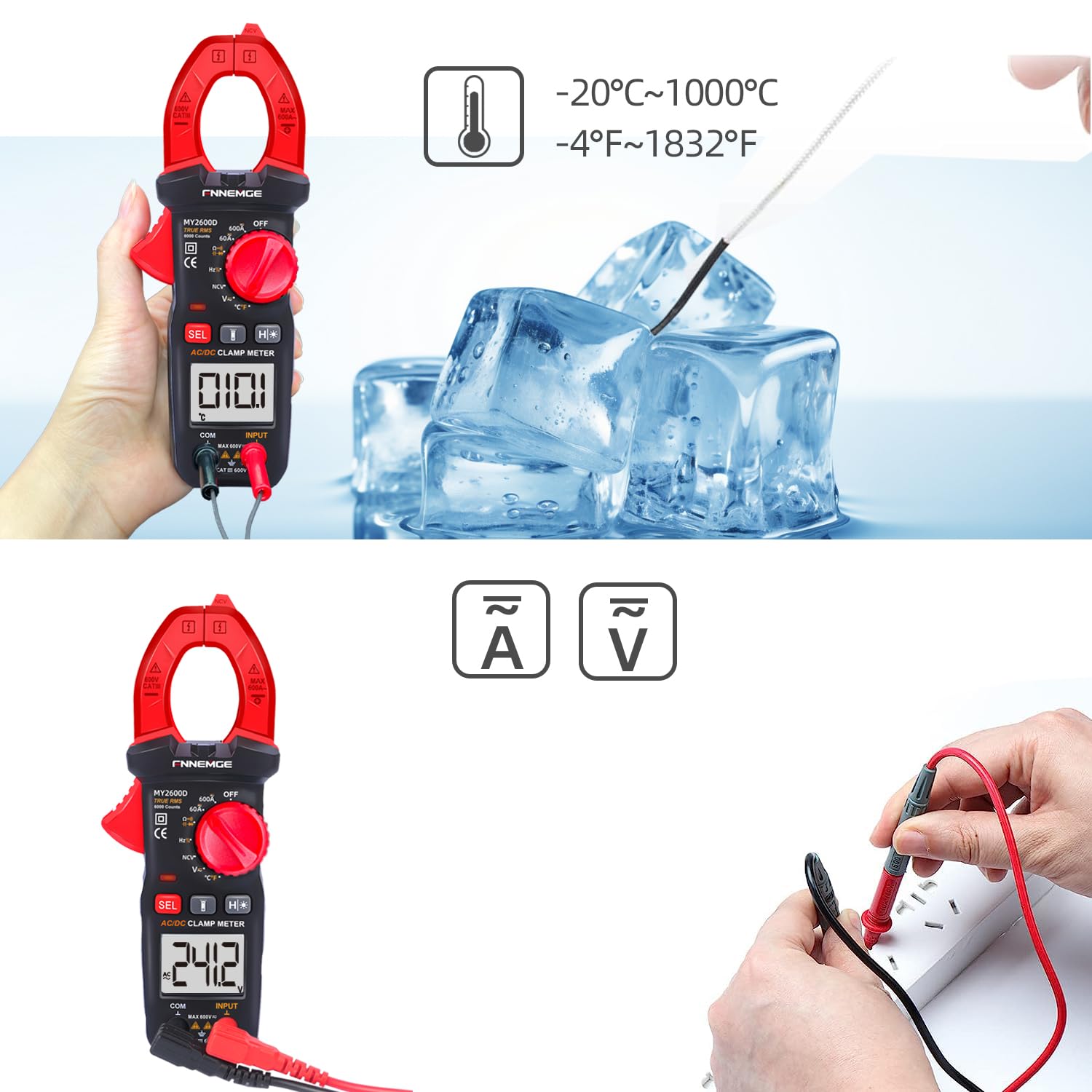 A hand holding the clamp meter with a temperature probe inserted into ice cubes, displaying a temperature reading