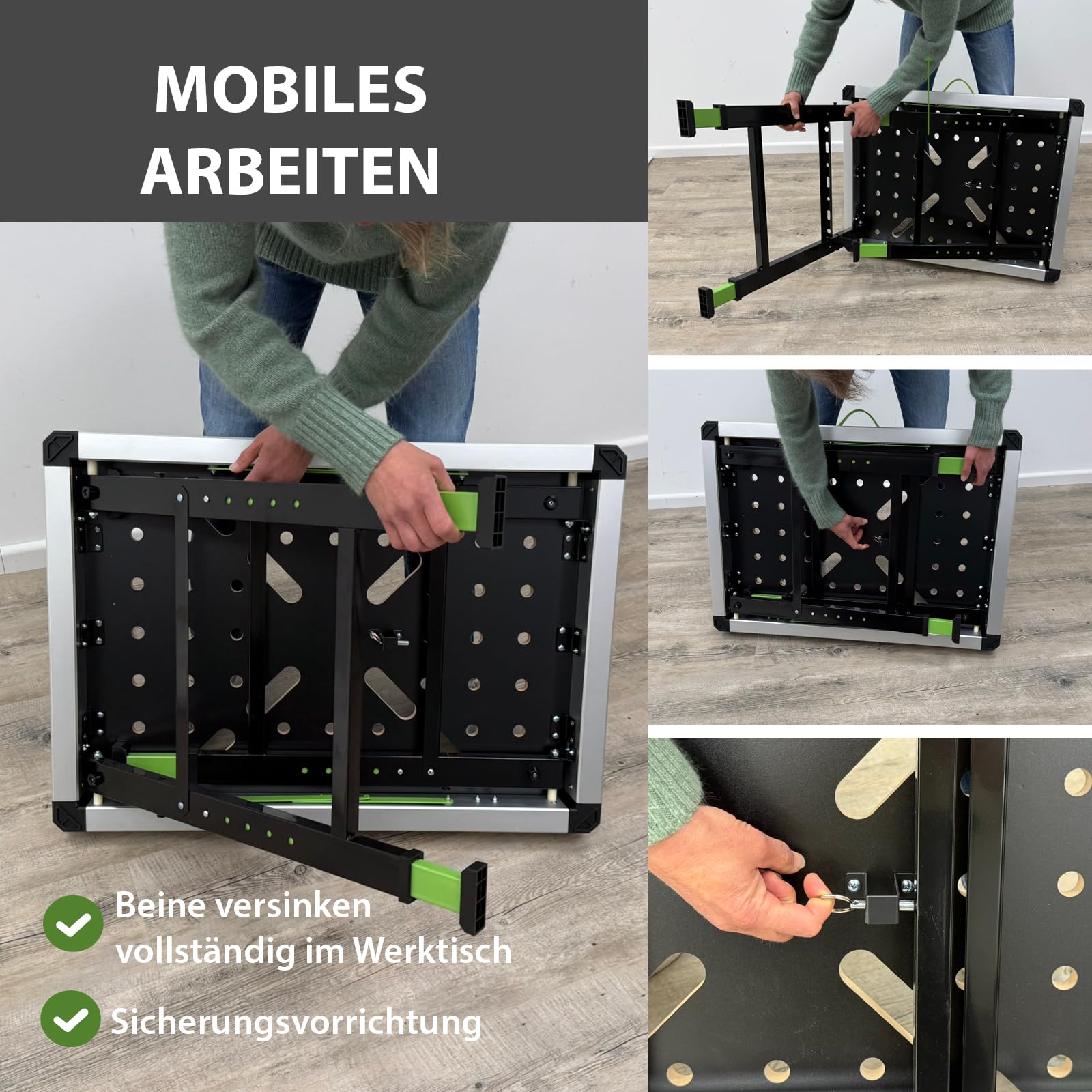 TRUTZHOLM 2 x Werkbank Multifunktionstisch Spanntisch 60 x 85 cm klappbar höhenverstellbar 73–90 cm Arbeitstisch mit Messskala, 450 Kg, 20mm Lochrastersystem, Werkzeugboxen, Schnellspannern