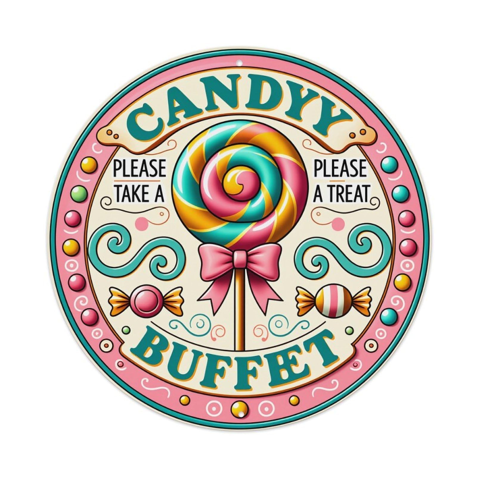 Candy Lollipop Bow Swirls Treats Metal Tin Sign Vintage Garden Bedroom Cafe Bar Man Cave Home Wall Decor Metal Poster 8x8 inches