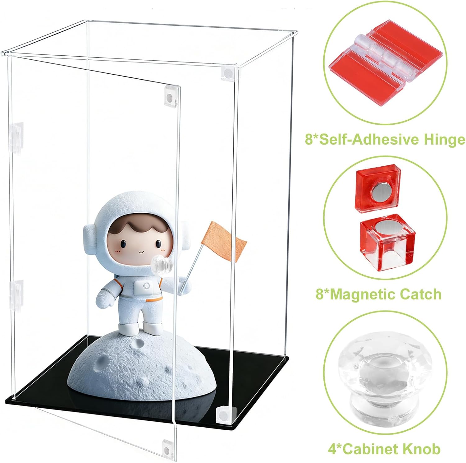 Transparent Display Case Accessories Acrylic Display Cabinet Box Door Assembly/Replacement Parts Including 8Pcs Small Hinges, 8Pcs Magnetic Catchs, 4Pcs Round Knobs