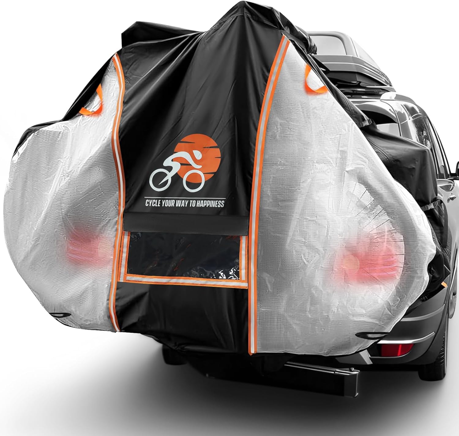 Bike Cover for Transport on Rack, 600D Oxford Bike Rack Cover Bicycle Covers for 2 Bikes Outdoor Storage Waterproof with License Plate Window, Visible Tail Lightsfor Mountain Road Electric City Bike