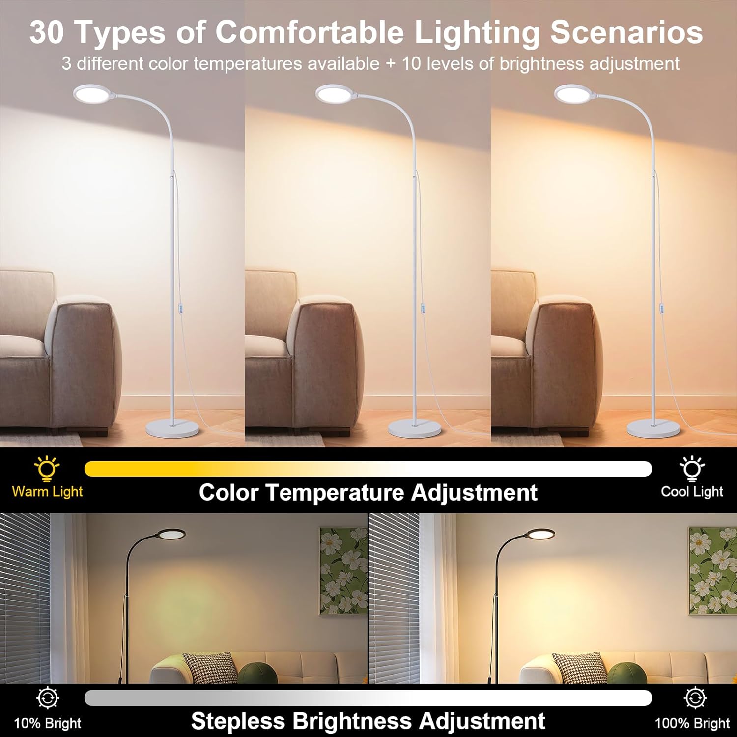 White Modern Bright LED Floor Lamp Adjustable Gooseneck Standing Lamp with Dimmer & Color Temperature, for Living Room,Kids Bedroom,Office, Nursery Library Desk Reading Light, Eyelash Makeup light