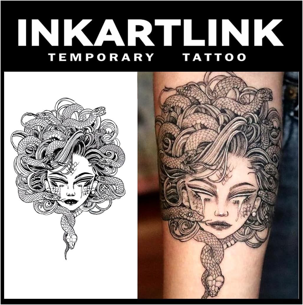 Tattoo Tech, 2 Sheets Extra-Large Semi Permanent Tattoo, Adult Art Design Temporary Tattoos, Lasts 1-2 Weeks, Waterproof, Realistic Look, No Adhesive, No Reflection (Medusa Design)