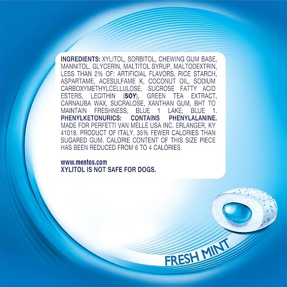 Mentos Pure Fresh Sugar-Free Chewing Gum with Xylitol, Fresh Mint, 120 Piece Resealable Bag (Pack of 1)