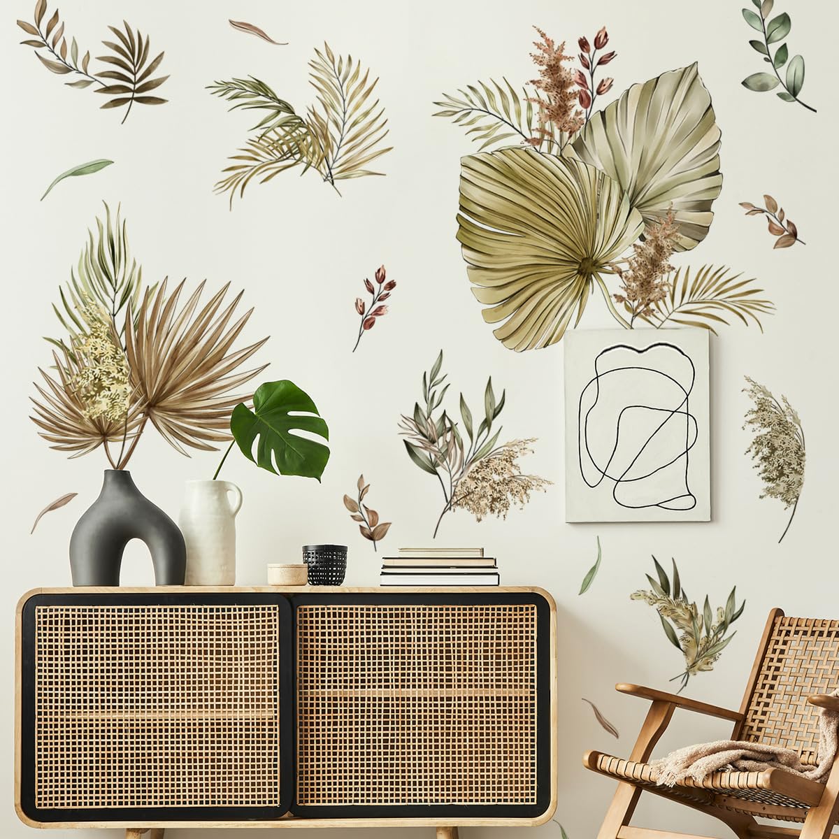 Calcomanías de pared grandes de hojas de palma bohemias, calcomanías de pared para sala de estar, dormitorio, fondo de TV, decoración de pared