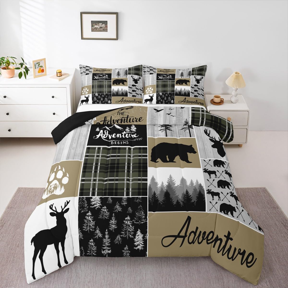 Rustic Cabin Comforter Set For Men, Farmhouse Country Bear Moose Bedding Twin Size, Forest Vintage Wood Decor Quilt Hunting Camping Adventure Themed