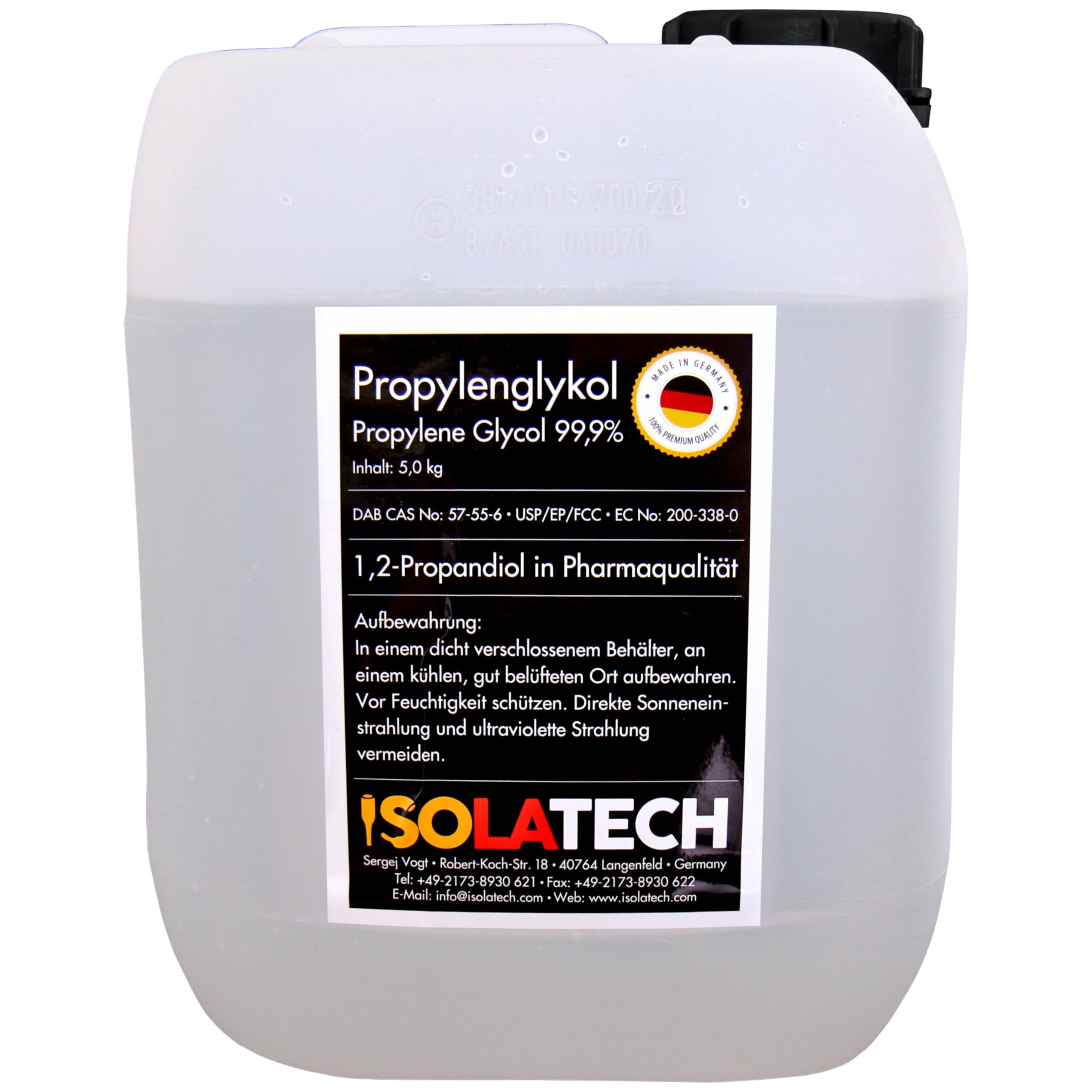 Glicole propilenico da 5 L, al 99,9%, qualità farmaceutica, 1,2 propandiolo, contenuto 5 kg