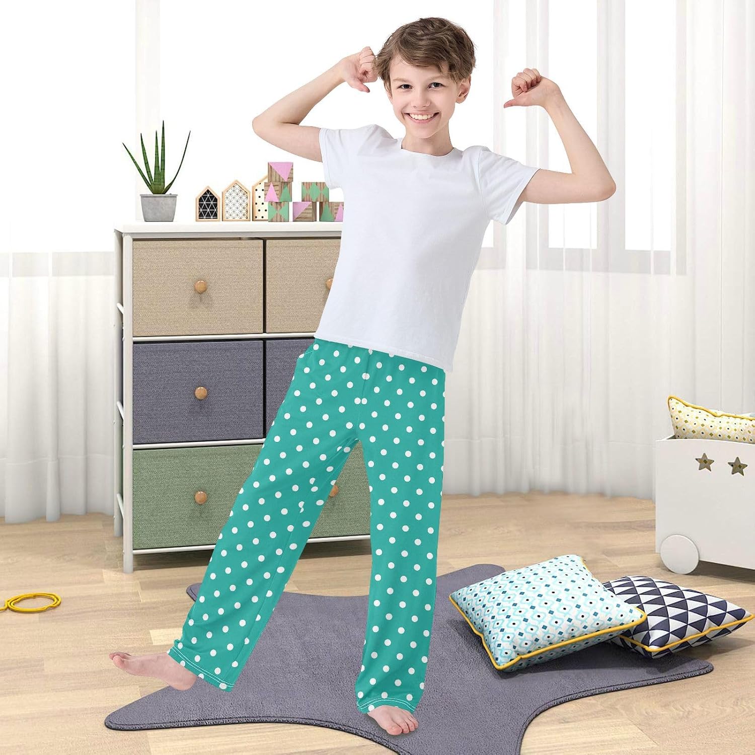 Pfrewn Pajama Pants Polka White Dot Teal Casual Lounge PJ Bottoms with Pockets, XL