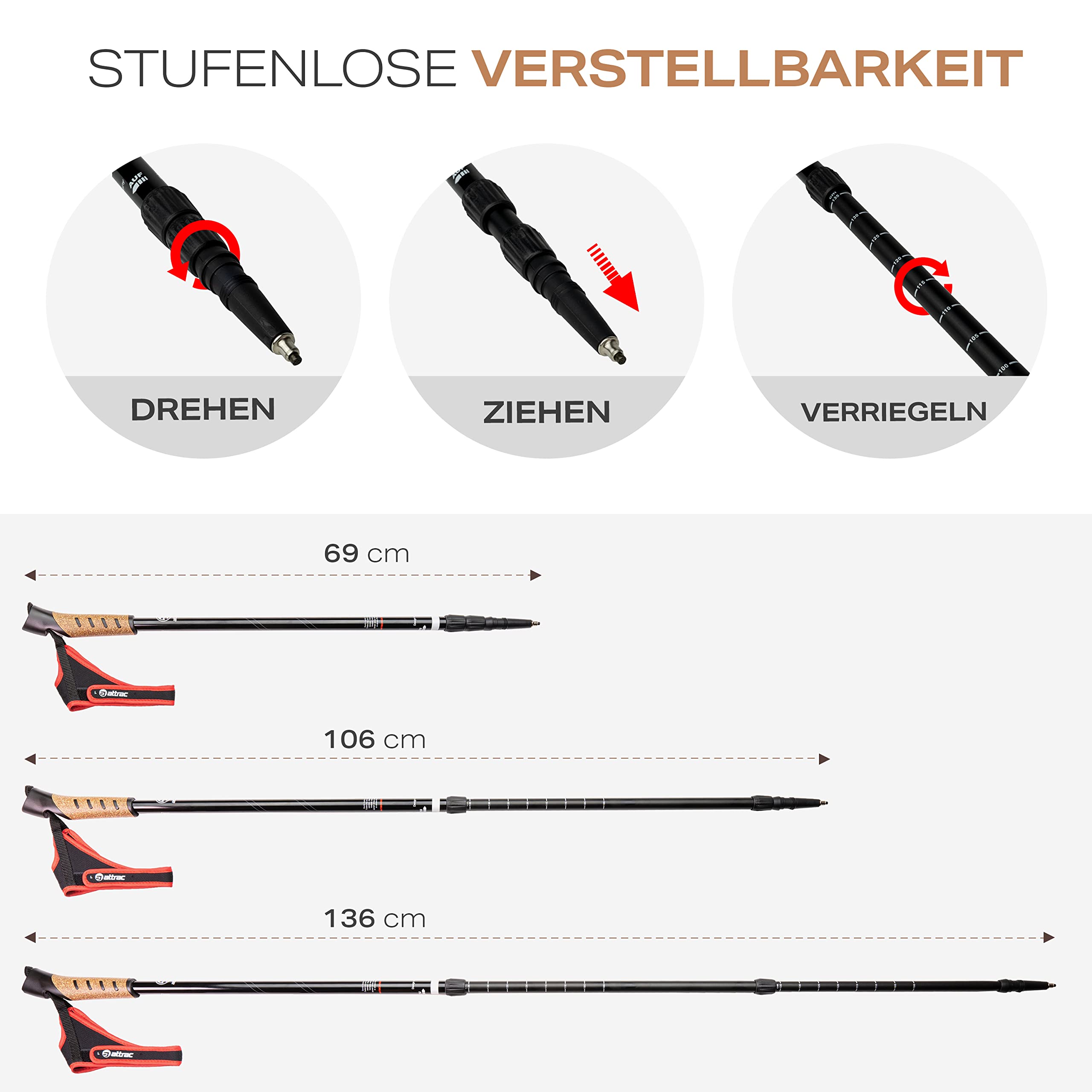 Attrac Wanderstöcke Faltbar - 69-136 cm Nordic Walking Stöcke - Aluminium Trekkingstöcke Mit Anti-Shock Dämpfung – Leicht, Verstellbar und rutschfest für Wandern und Outdoor
