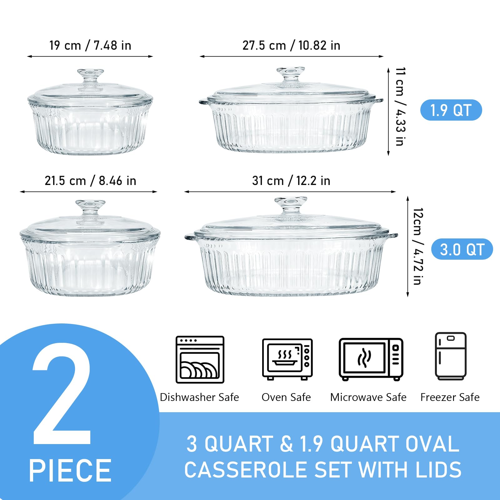 Confezione da 2 casseruole in vetro con coperchio, pirofila in vetro trasparente, per forno e microonde, contenitore profondo versatile per alimenti da forno (0,5 l, 0,9 litri)