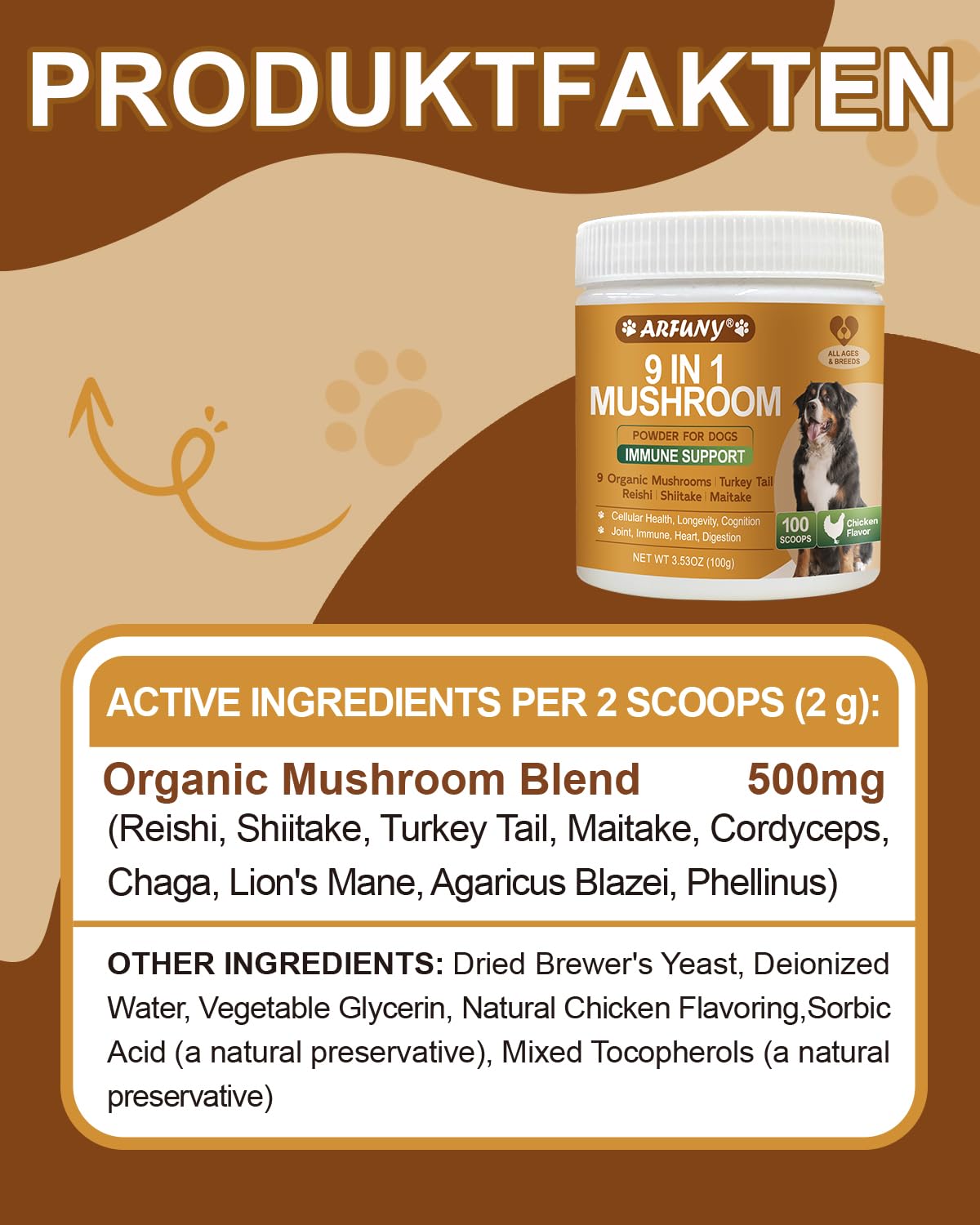 9 en 1 Champignons pour Chiens, Poudre Saveur Poulet | Soutien Digestion, Peau & Pelage, Articulations, Système Immunitaire, avec 9 Champignons