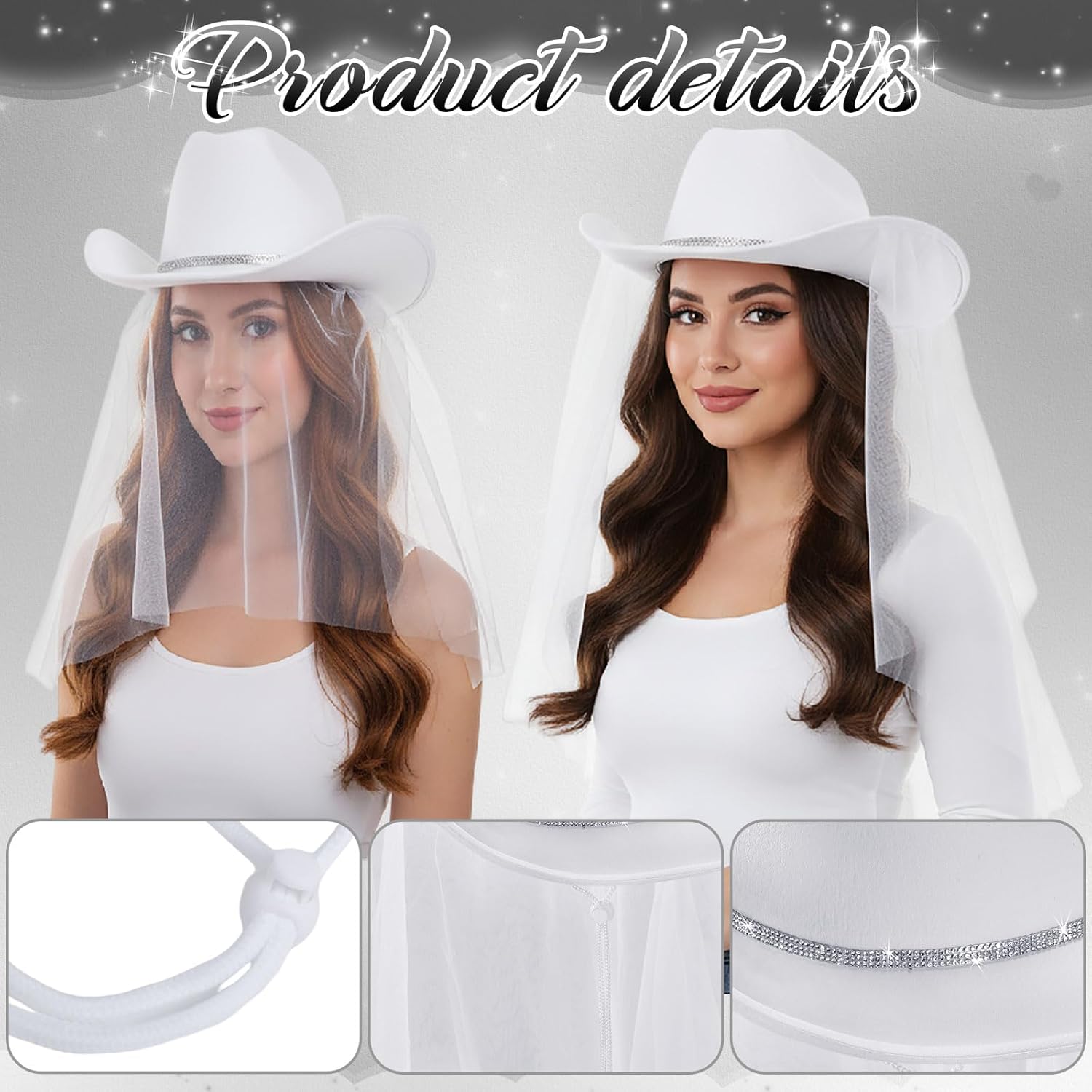 Hicarer 6 Pack Women Cowgirl Cowboy Hats Western Rhinestone Hat for Bachelorette Bridal Shower Wedding Party Dress up