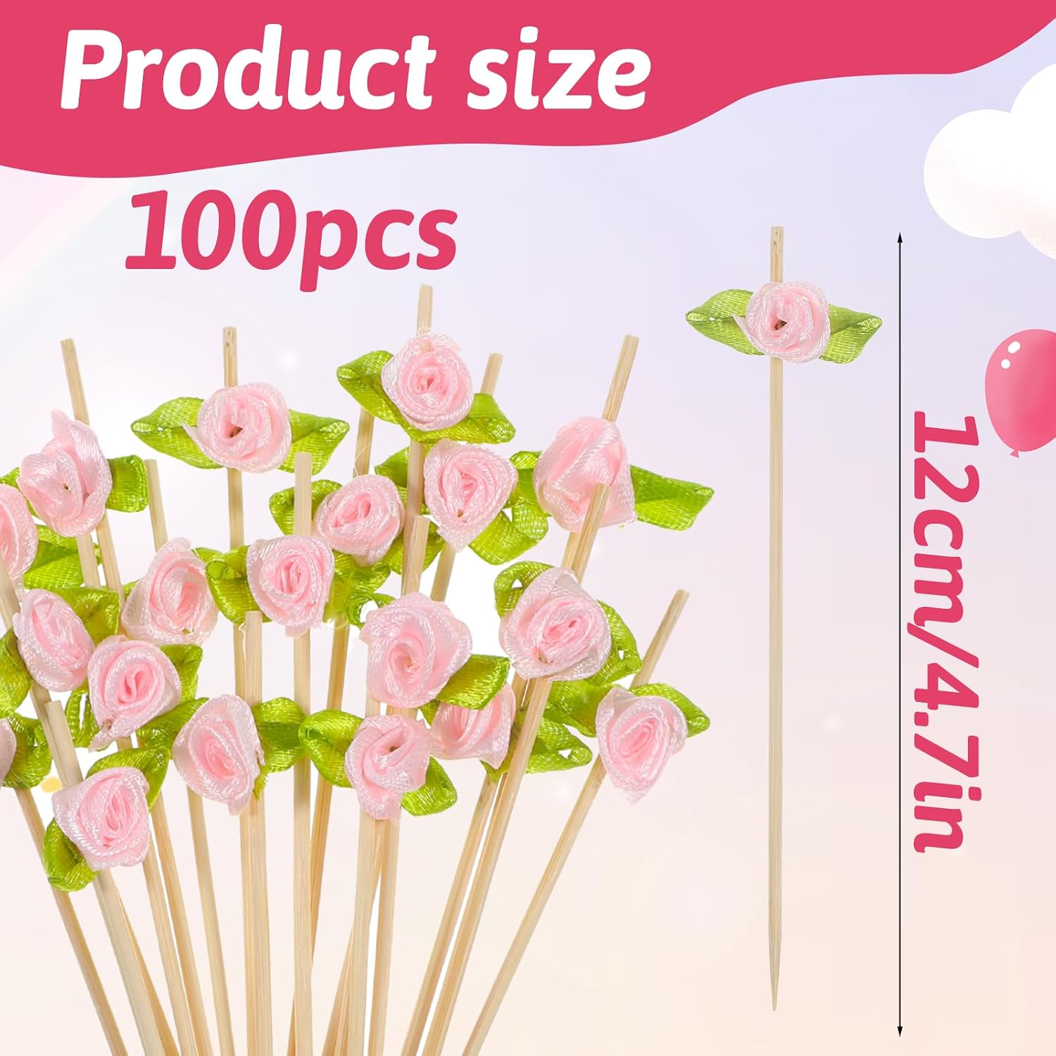 100 Pcs Rose Flower Cocktail Picks 4.7 Inch Valentine Decorations Toothpicks Long Bamboo Fancy Toothpicks Cute Flower Long Toothpick for Decorative Wedding Appetizers Food Fruit and Drink