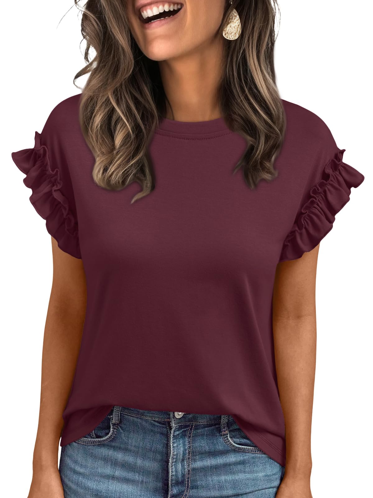 AUTOMET Womens Short Sleeve Tops Summer Tshirts Casual 2025 Cute Ruffle Crewneck Trendy Fashion Dressy Cute Work Outfits