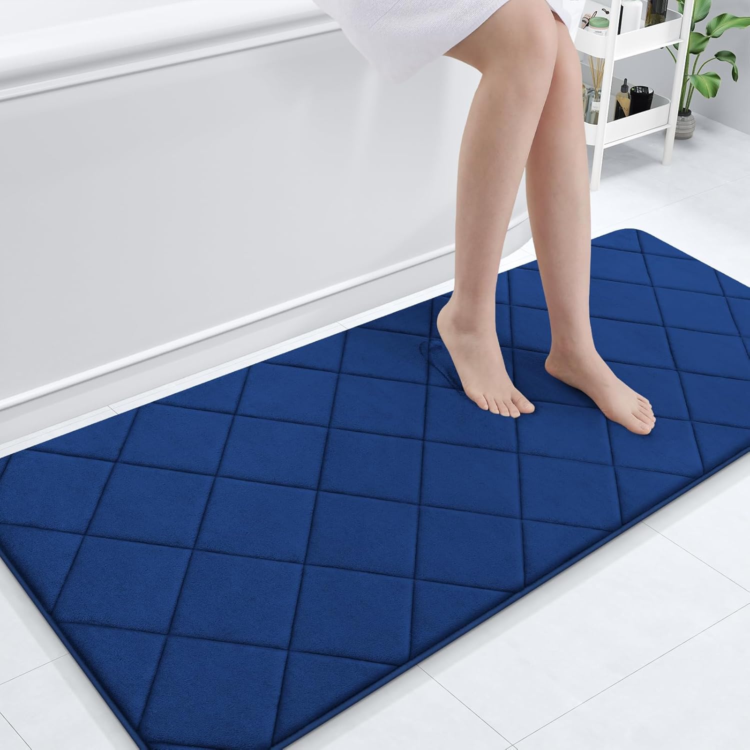 OLANLY Memory Foam Bath Mat 59x24, Ultra Soft and Absorbent Bathroom Rugs, Machine Washable, Comfortable Bath Carpet for Bathroom Floor, Tub and Shower, Navy 2' x 4'11" (59"x24") Navy