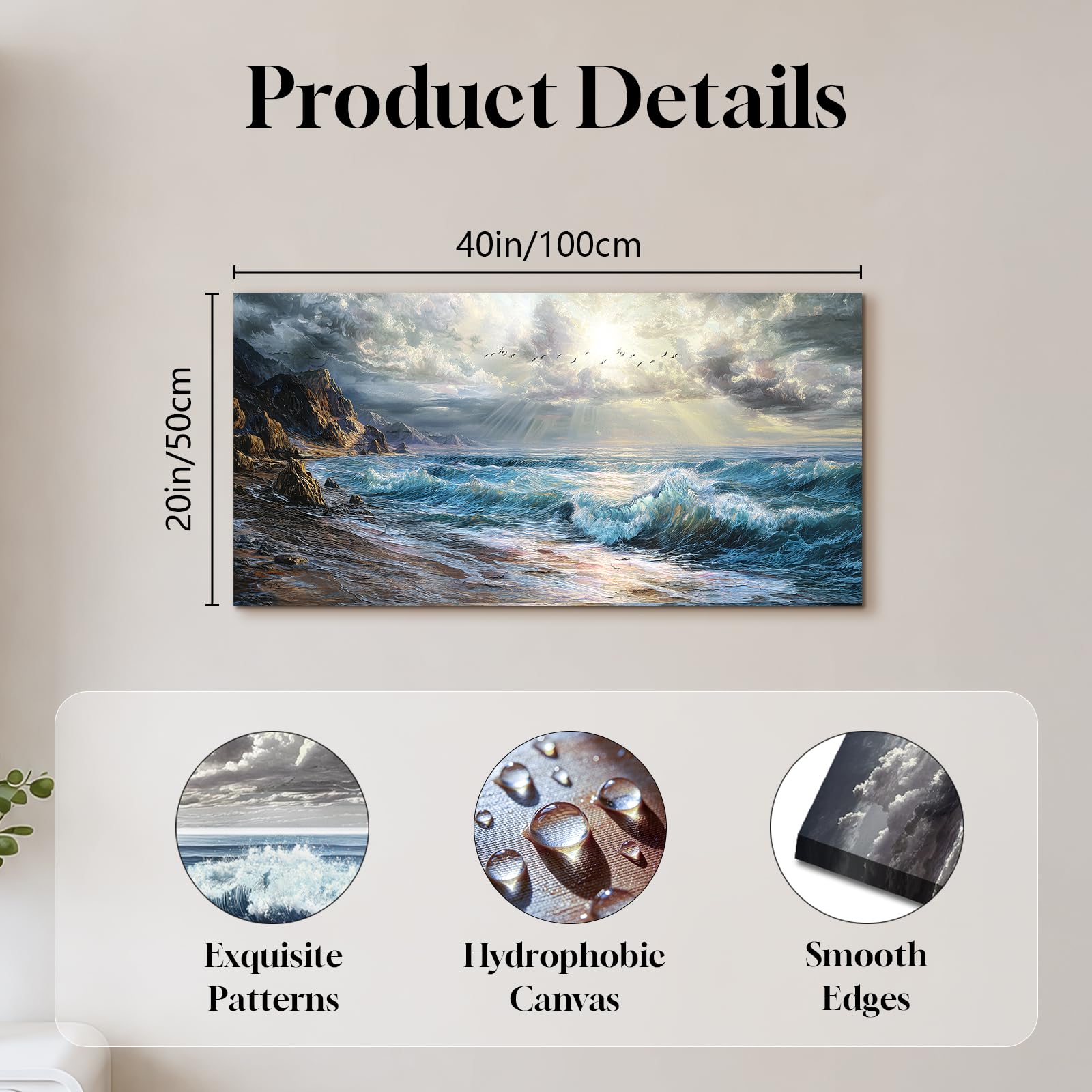 SERIMINO Cuadros Decoracion Laminas Playa Mar Modernos Grandes 50x100 cm | Costa Azul Ondas, Lona Protegida Madera, Impresión Hd Nítido, Montaje Sencillo, Multi Espacios